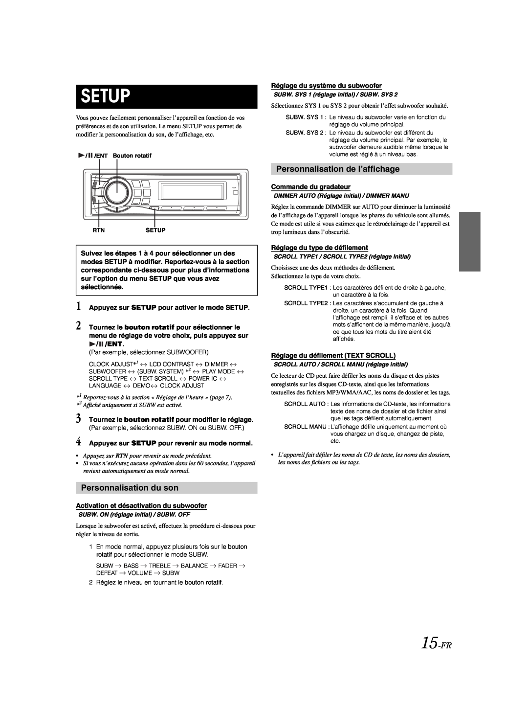 Alpine CDE-9881 owner manual Personnalisation du son, Personnalisation de l’affichage, 15-FR, Setup 