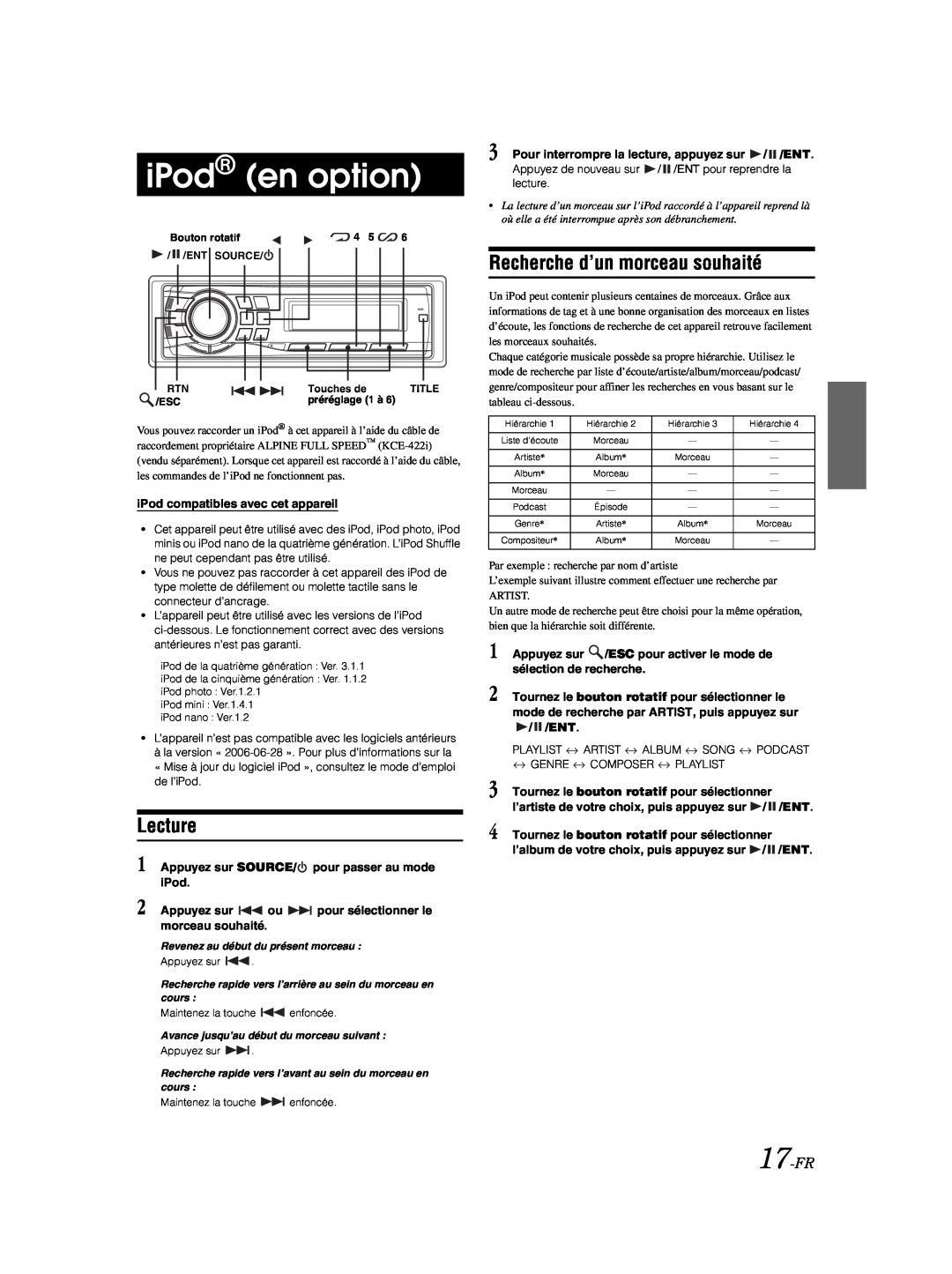 Alpine CDE-9881 owner manual iPod en option, Recherche d’un morceau souhaité, 17-FR, Lecture 