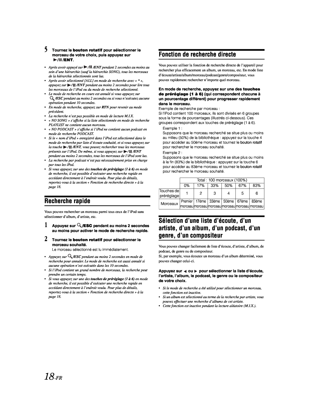 Alpine CDE-9881 owner manual Fonction de recherche directe, 18-FR, Recherche rapide 