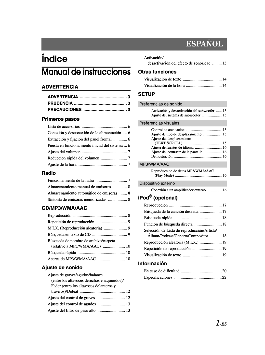 Alpine CDE-9881 Índice Manual de instrucciones, Español, Advertencia, Primeros pasos, Ajuste de sonido, Otras funciones 