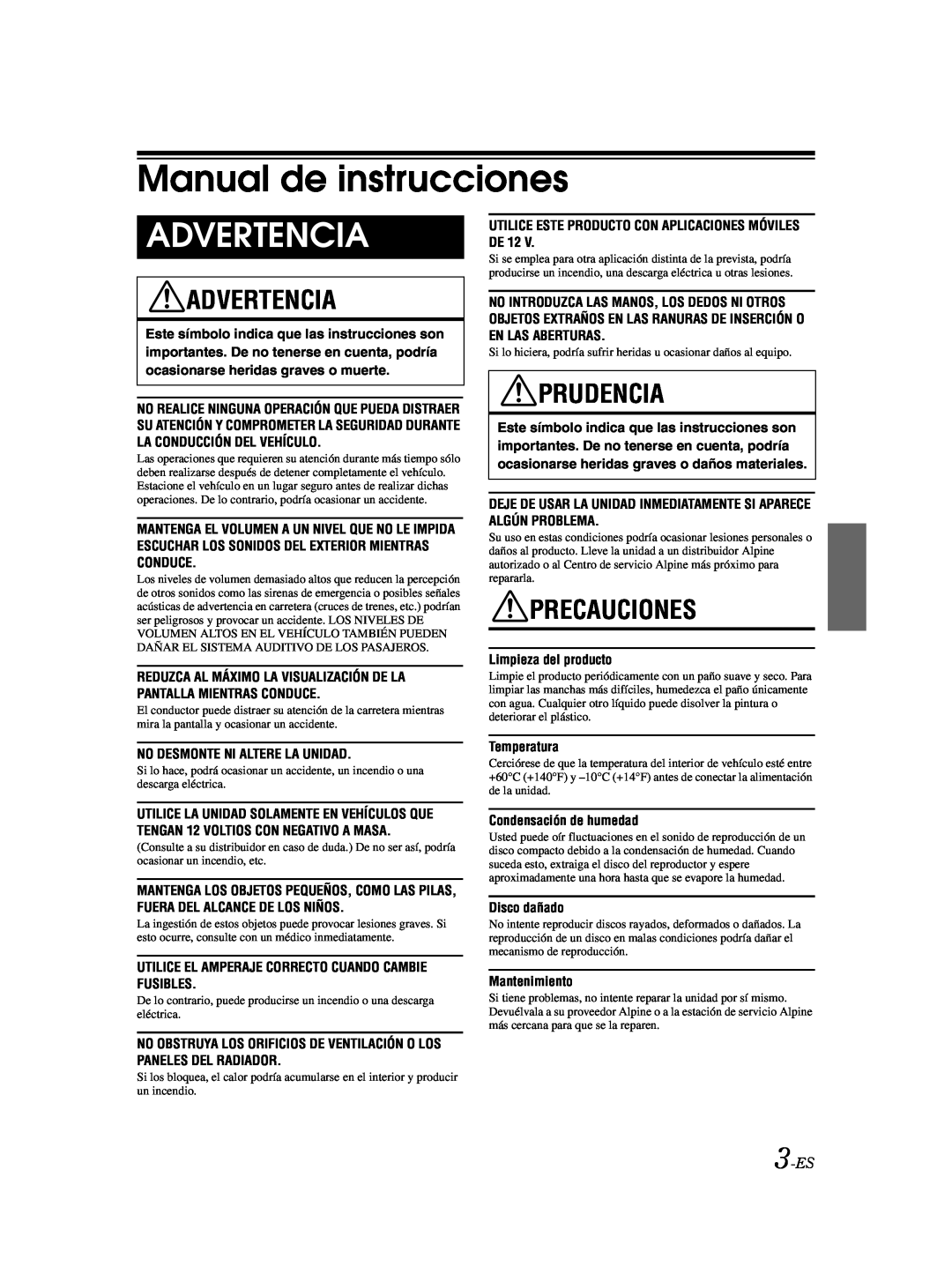 Alpine CDE-9881 owner manual Manual de instrucciones, Advertencia, Prudencia, Precauciones, 3-ES 