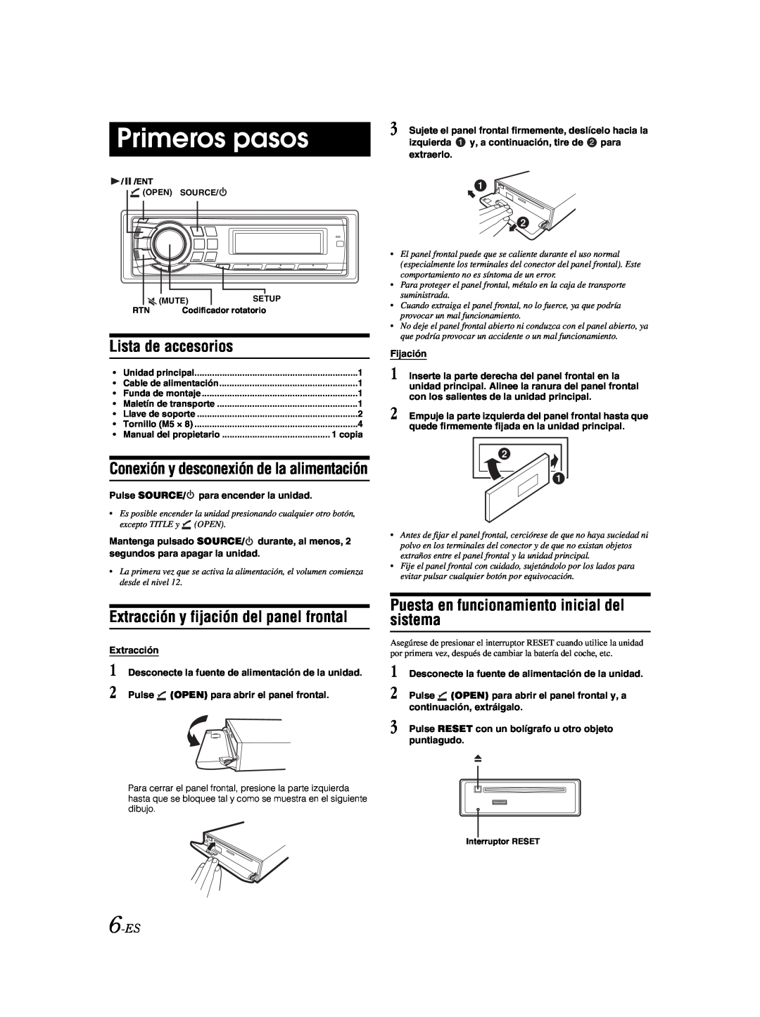 Alpine CDE-9881 owner manual Primeros pasos, Lista de accesorios, Extracción y fijación del panel frontal, 6-ES 
