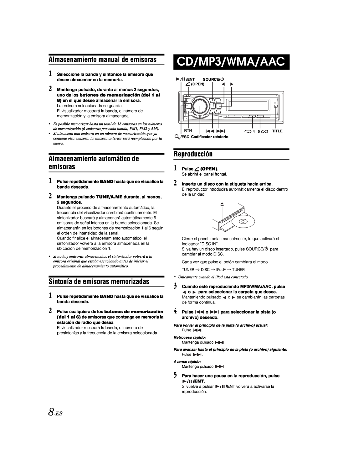Alpine CDE-9881 Almacenamiento manual de emisoras, Almacenamiento automático de emisoras, Sintonía de emisoras memorizadas 