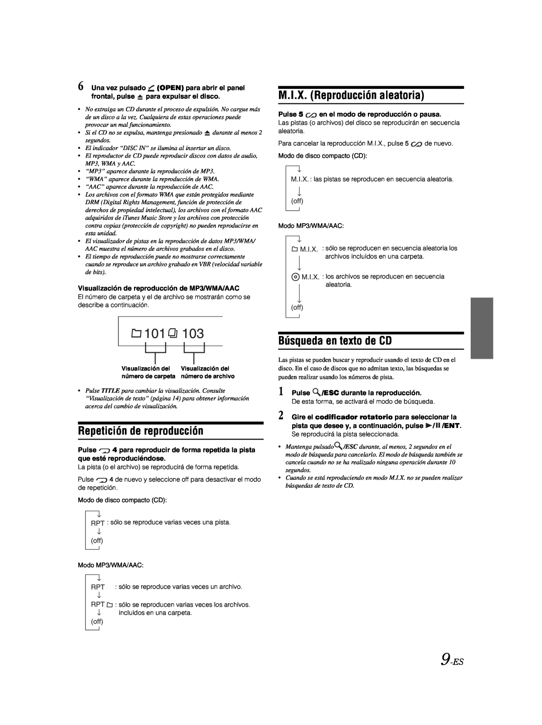 Alpine CDE-9881 owner manual M.I.X. Reproducción aleatoria, Repetición de reproducción, Búsqueda en texto de CD, 9-ES 
