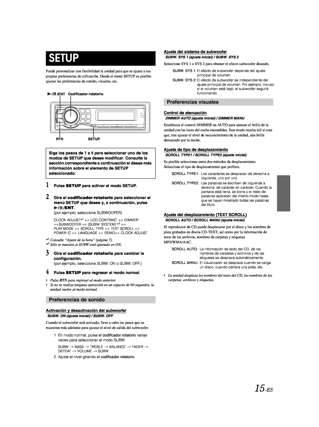 Alpine CDE-9881 owner manual Preferencias de sonido, Preferencias visuales, 15-ES, Setup 