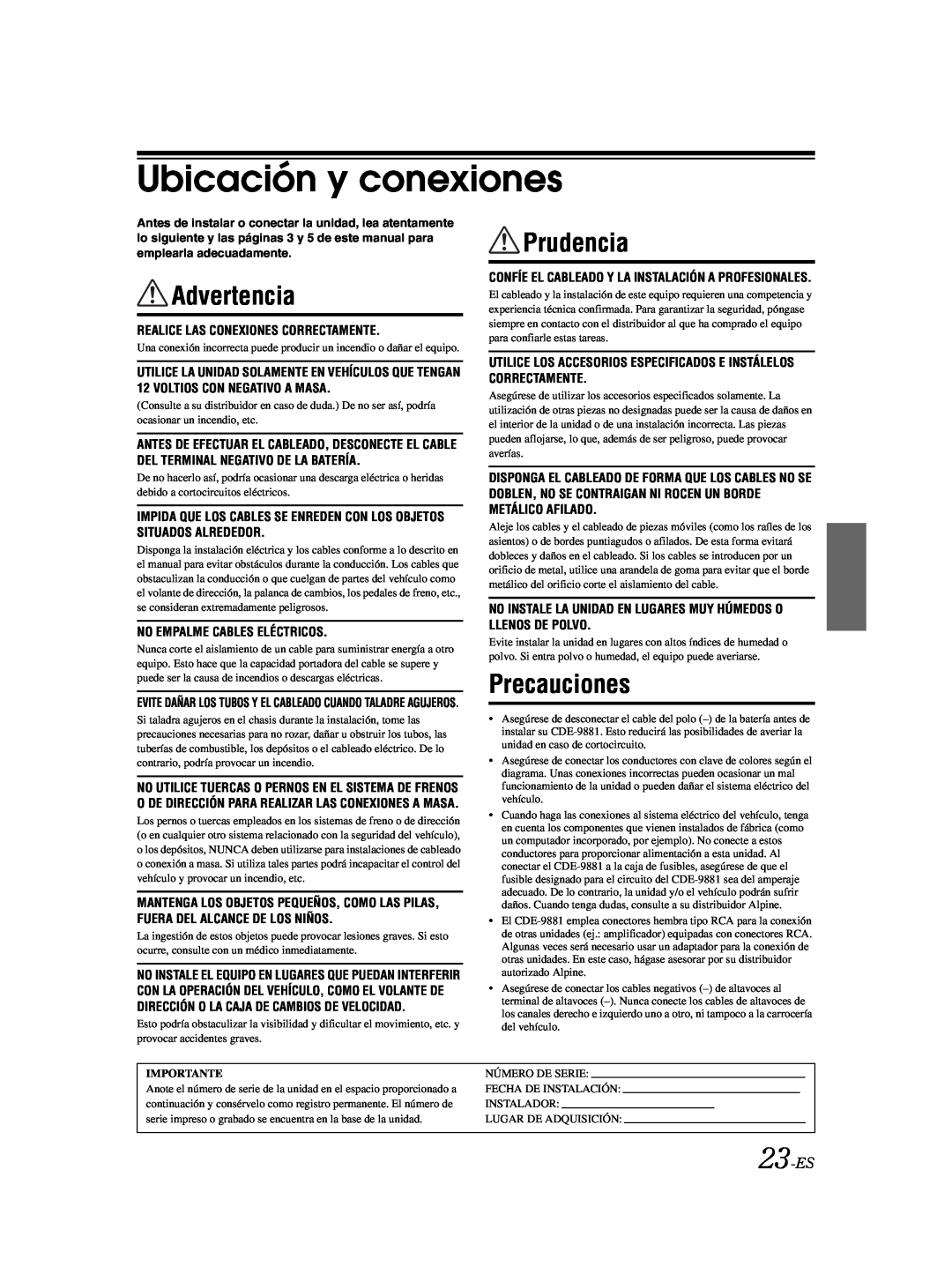 Alpine CDE-9881 owner manual Ubicación y conexiones, Advertencia, Prudencia, Precauciones, 23-ES 