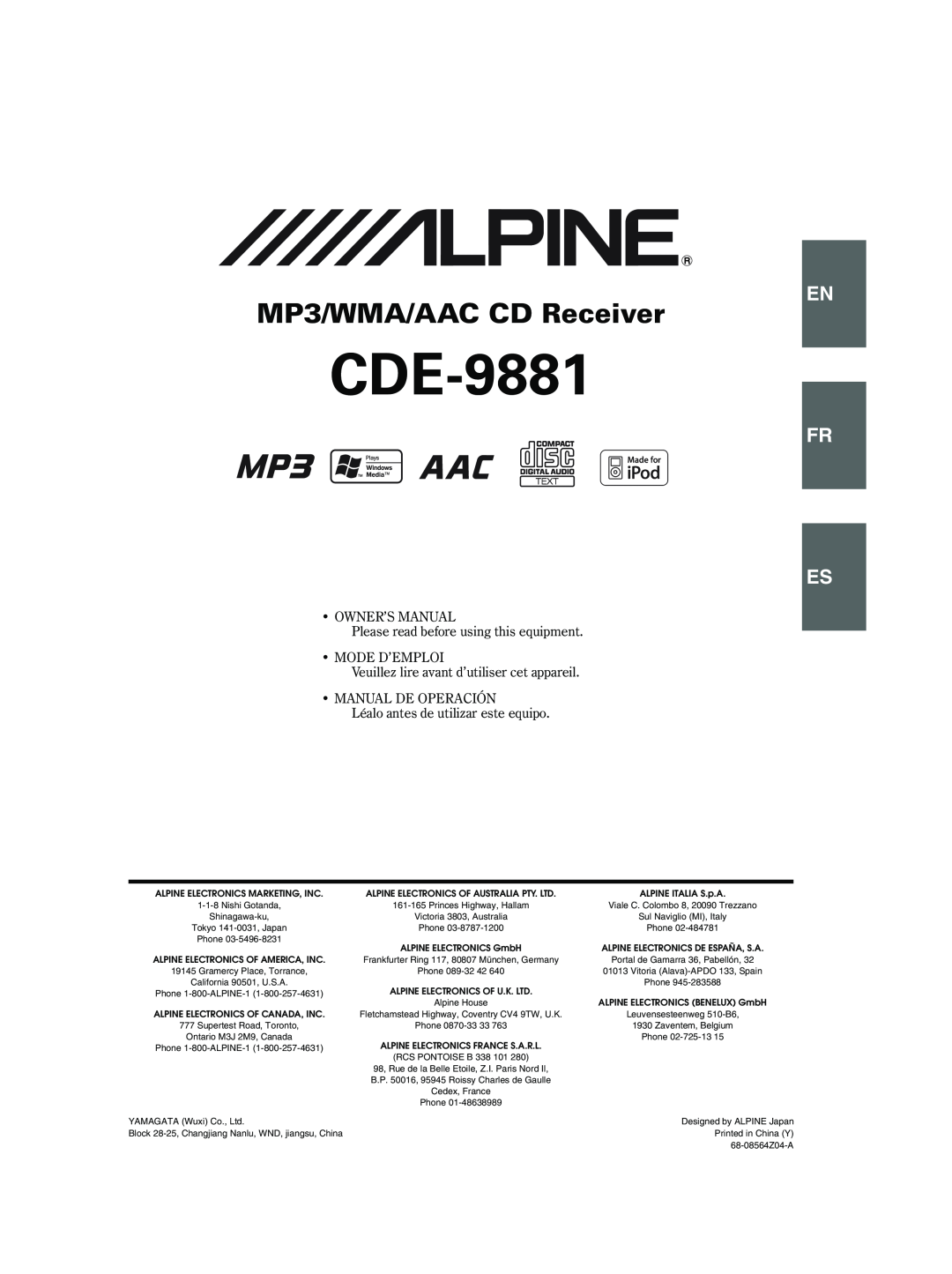 Alpine CDE-9881 owner manual MP3/WMA/AAC CD Receiver, Fr Es 