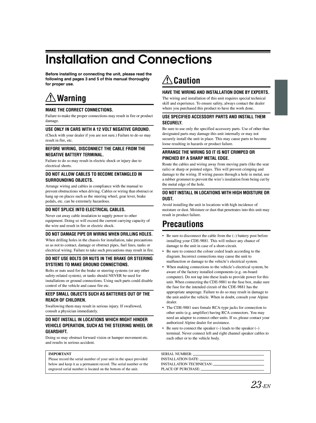 Alpine CDE-9881 owner manual Installation and Connections, Precautions, 23-EN 
