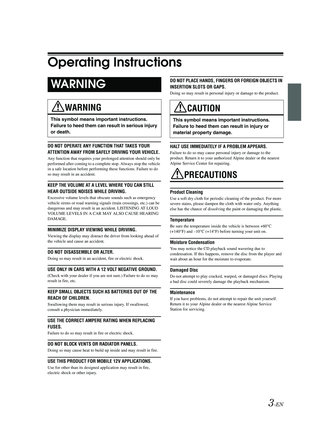 Alpine CDE-9881 owner manual Operating Instructions, Precautions, 3-EN 
