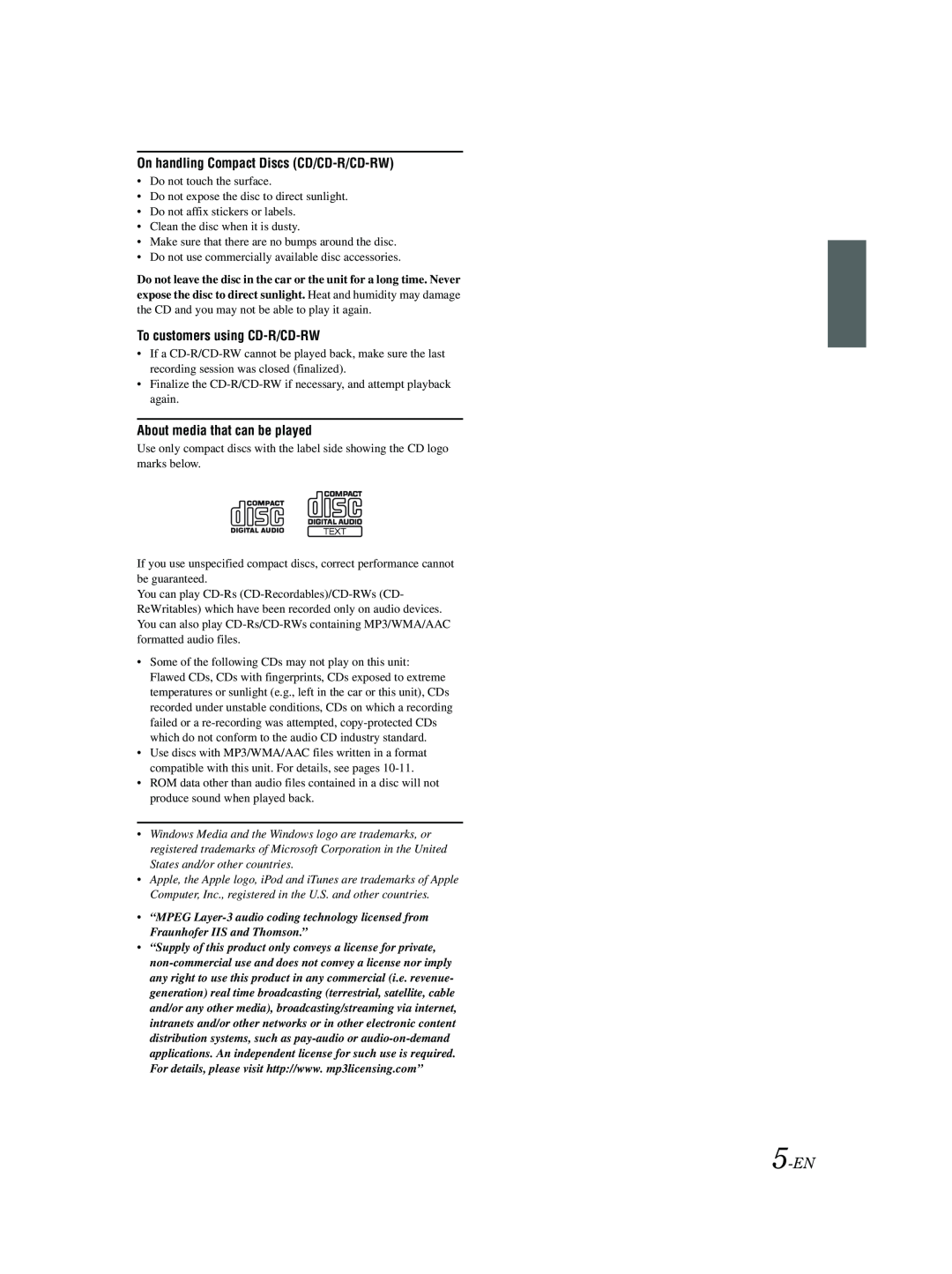 Alpine CDE-9881 owner manual 5-EN, On handling Compact Discs CD/CD-R/CD-RW, To customers using CD-R/CD-RW 