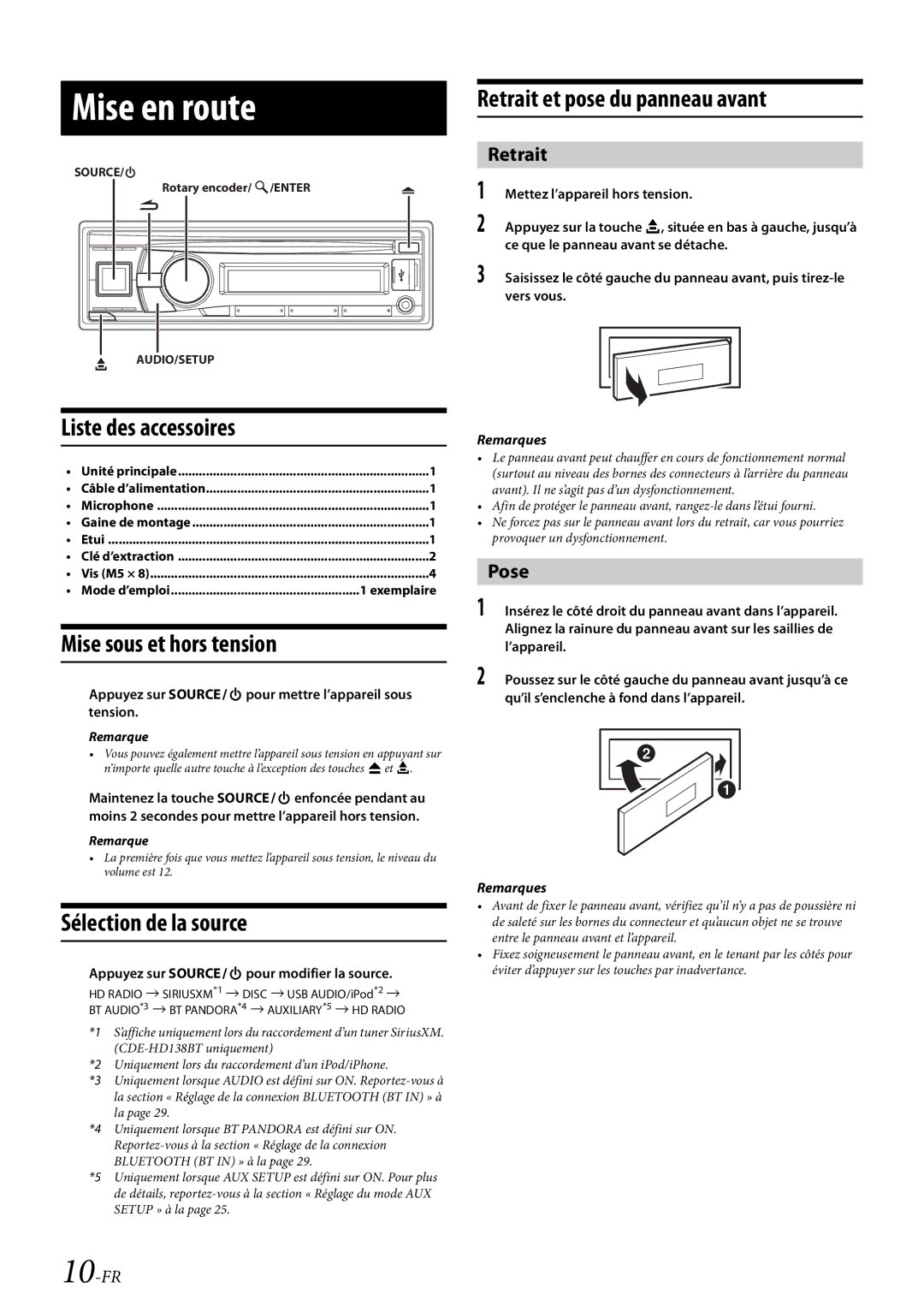 Alpine CDE-HD138BT/CDE-HD137BT owner manual Mise en route, Retrait et pose du panneau avant, Liste des accessoires 