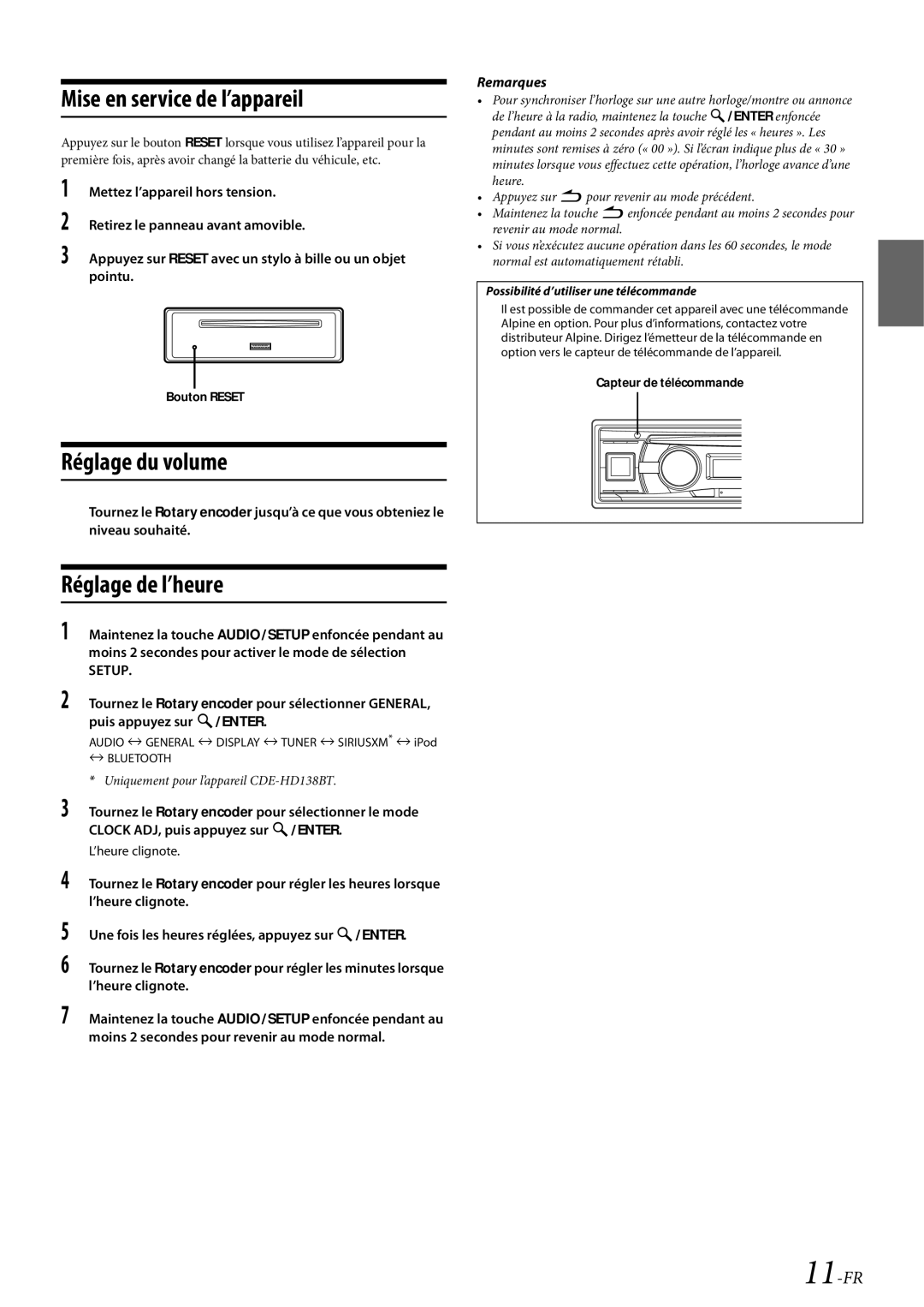 Alpine CDE-HD138BT/CDE-HD137BT owner manual Mise en service de l’appareil, Réglage du volume, Réglage de l’heure, 11-FR 