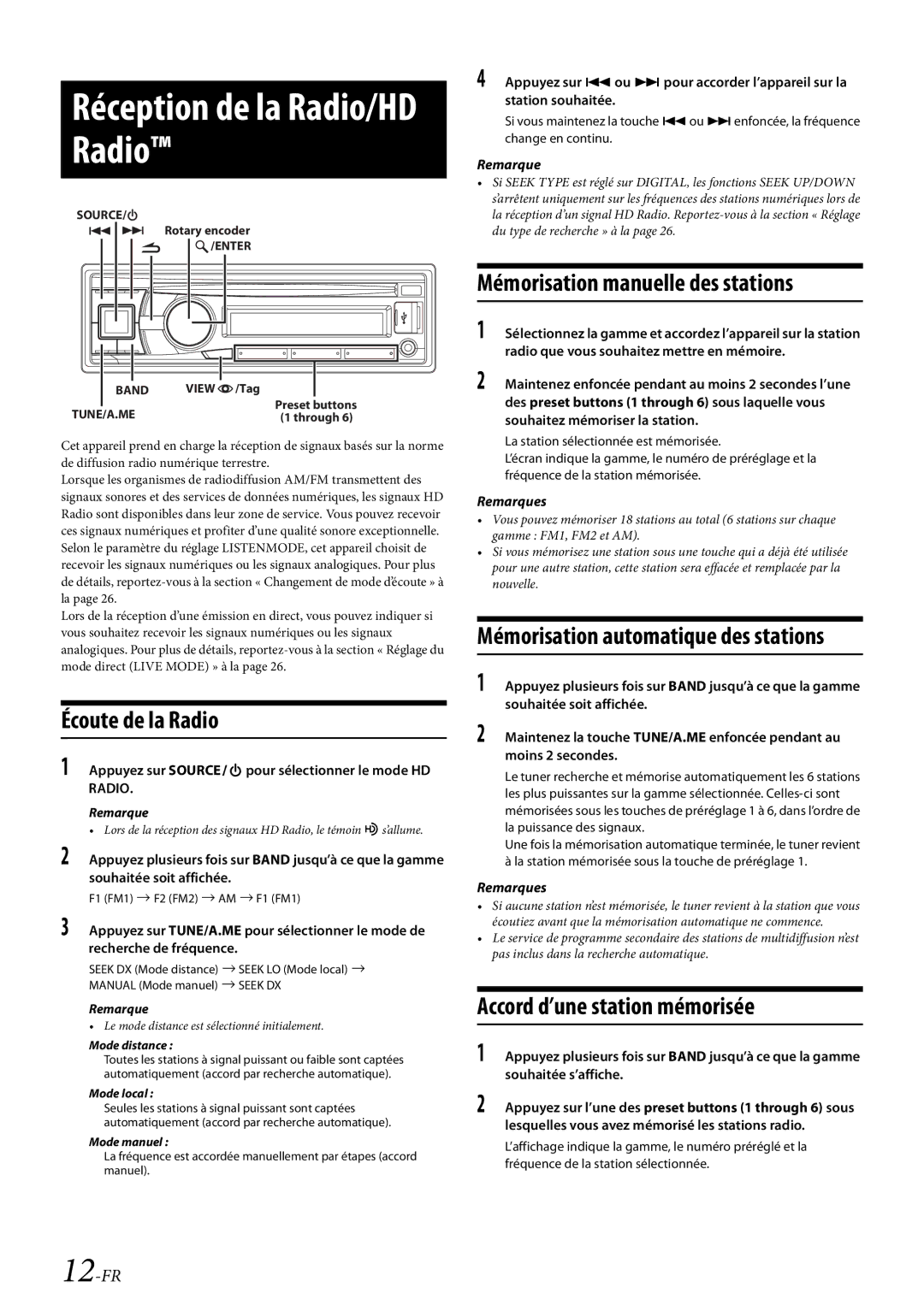 Alpine CDE-HD138BT/CDE-HD137BT Réception de la Radio/HD Radio, Écoute de la Radio, Accord d’une station mémorisée, 12-FR 