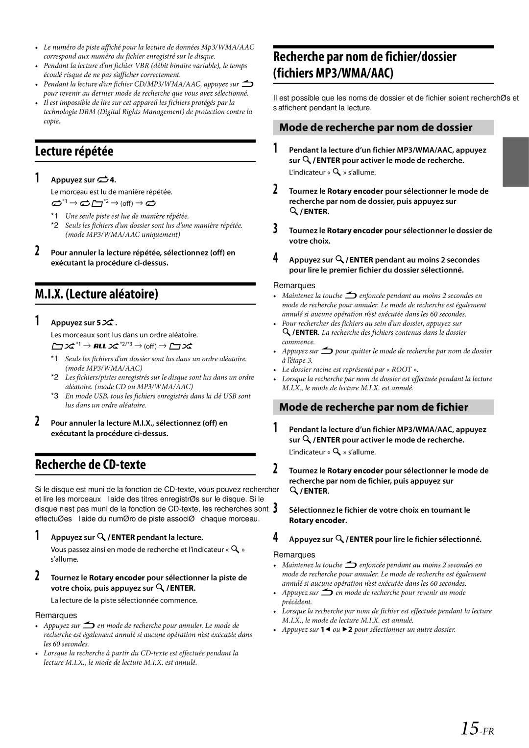 Alpine CDE-HD138BT/CDE-HD137BT owner manual Lecture répétée, X. Lecture aléatoire, Recherche de CD-texte 