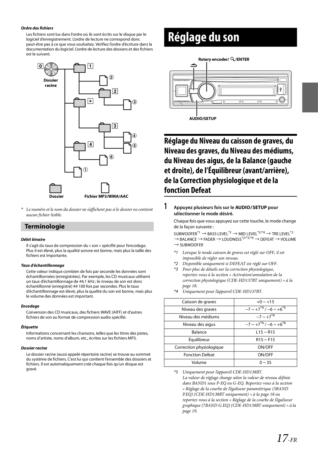 Alpine CDE-HD138BT/CDE-HD137BT owner manual Réglage du son, Terminologie, 17-FR 