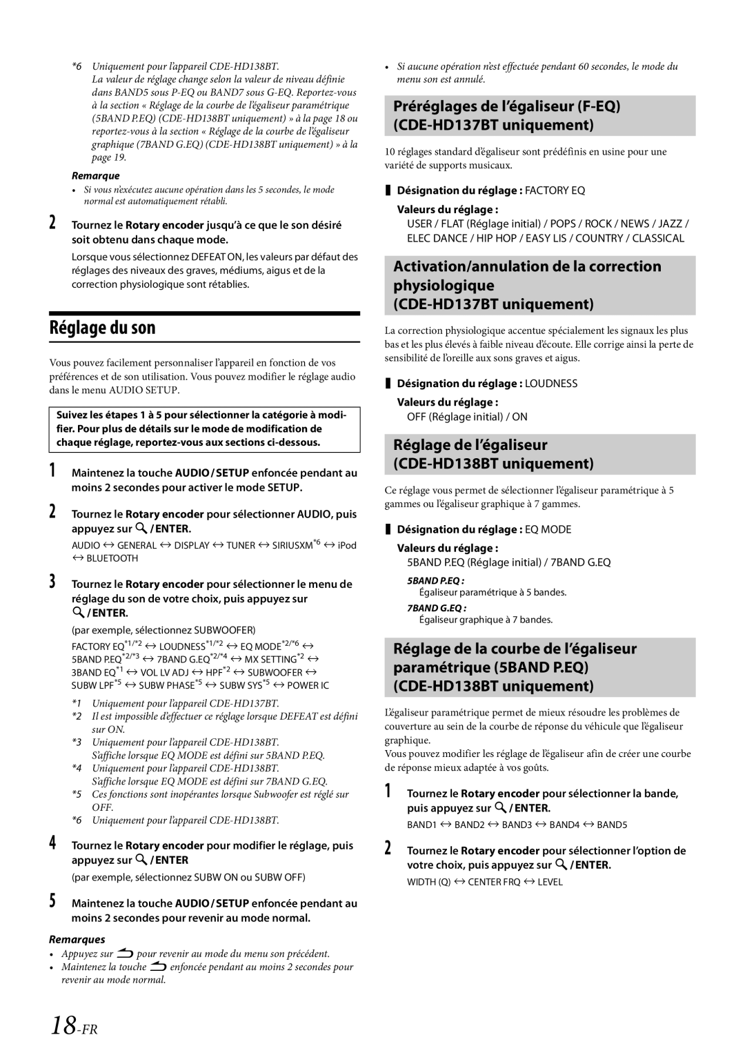 Alpine CDE-HD138BT/CDE-HD137BT owner manual Réglage du son, Préréglages de l’égaliseur F-EQ CDE-HD137BT uniquement, 18-FR 