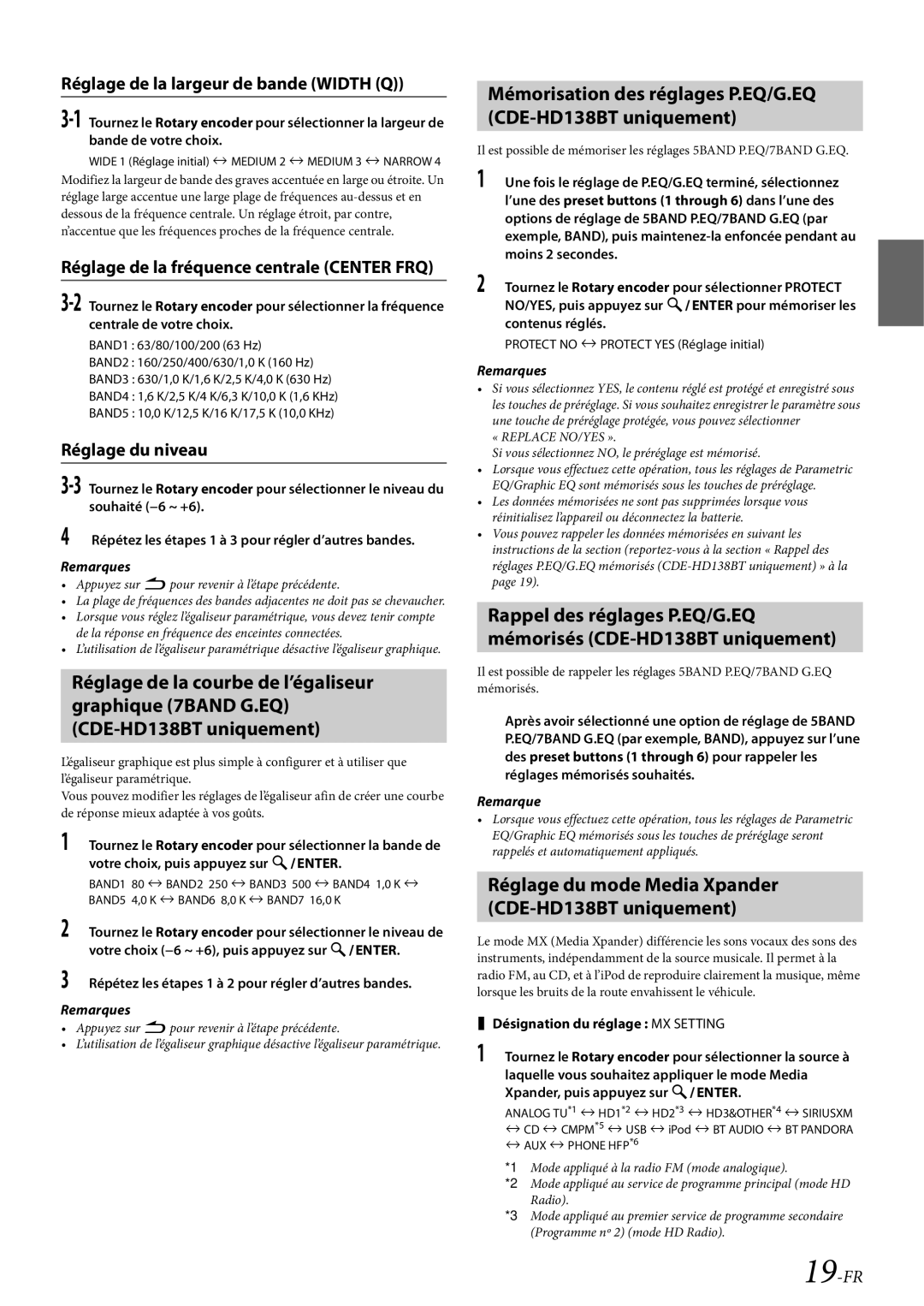 Alpine CDE-HD138BT/CDE-HD137BT Réglage de la largeur de bande Width Q, Réglage de la fréquence centrale Center FRQ 