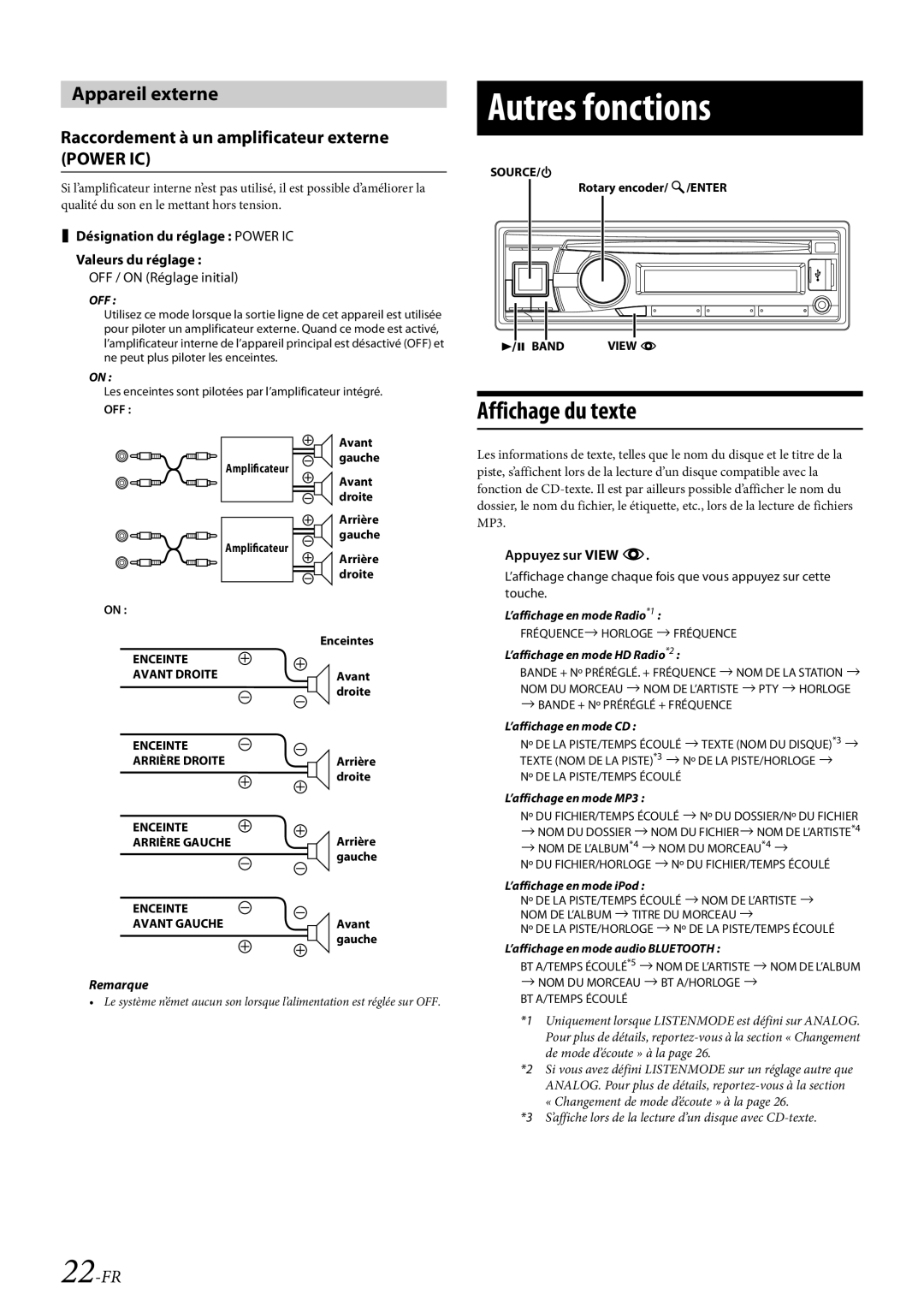 Alpine CDE-HD138BT/CDE-HD137BT owner manual Autres fonctions, Affichage du texte, Appareil externe, 22-FR 