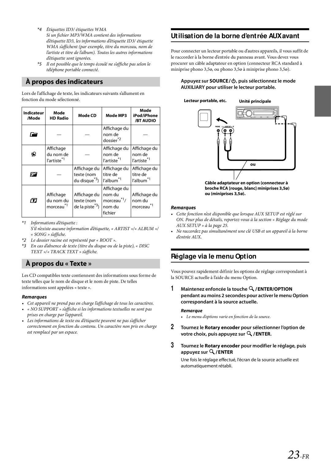 Alpine CDE-HD138BT/CDE-HD137BT owner manual Réglage via le menu Option, Propos des indicateurs, Propos du « Texte », 23-FR 