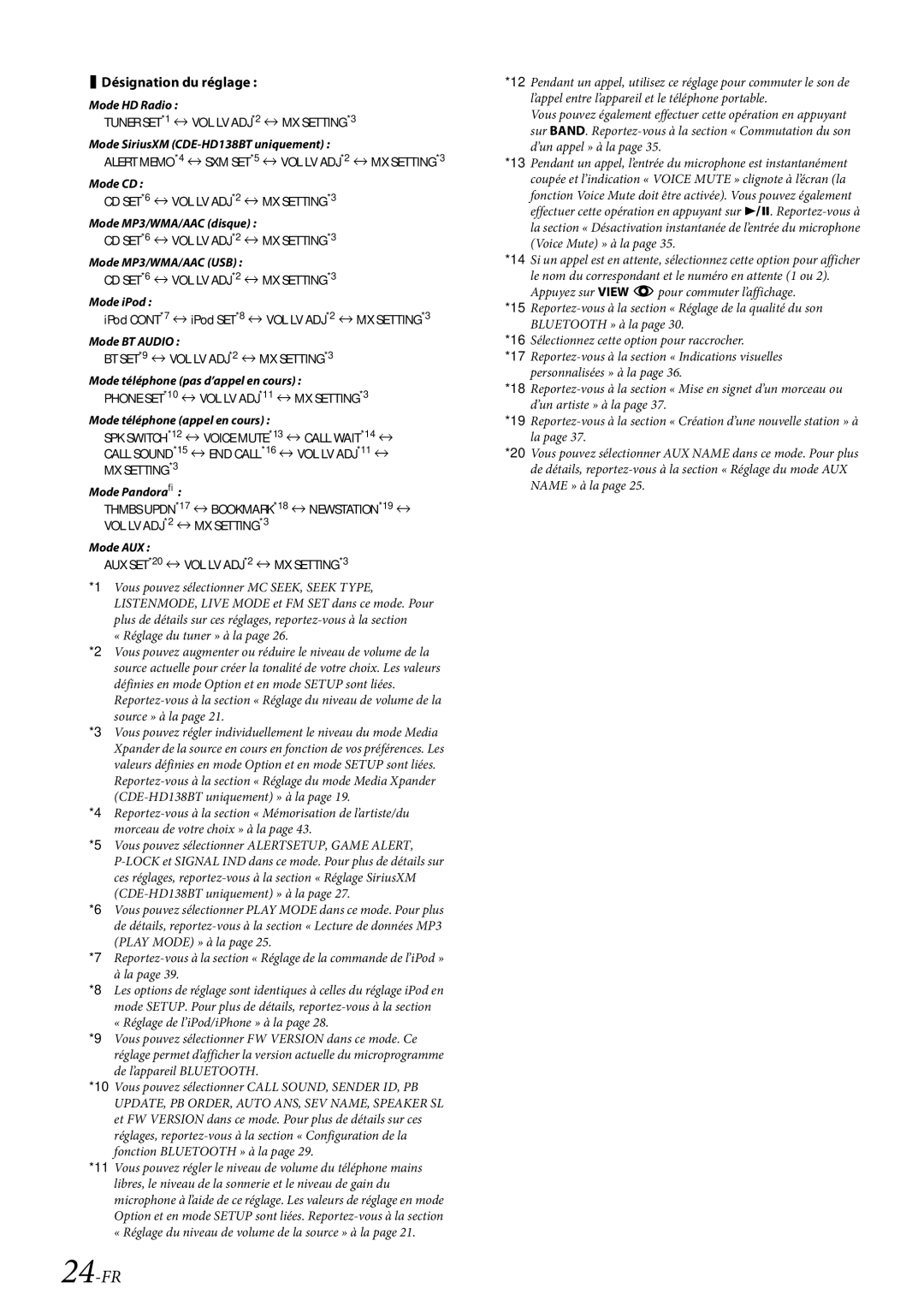 Alpine CDE-HD138BT/CDE-HD137BT owner manual 24-FR,  Désignation du réglage, « Réglage du tuner » à la 