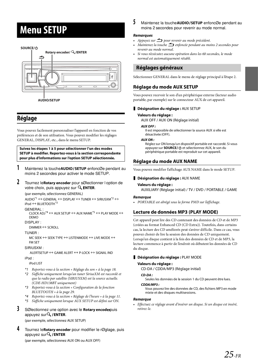 Alpine CDE-HD138BT/CDE-HD137BT owner manual Menu Setup, Réglages généraux 