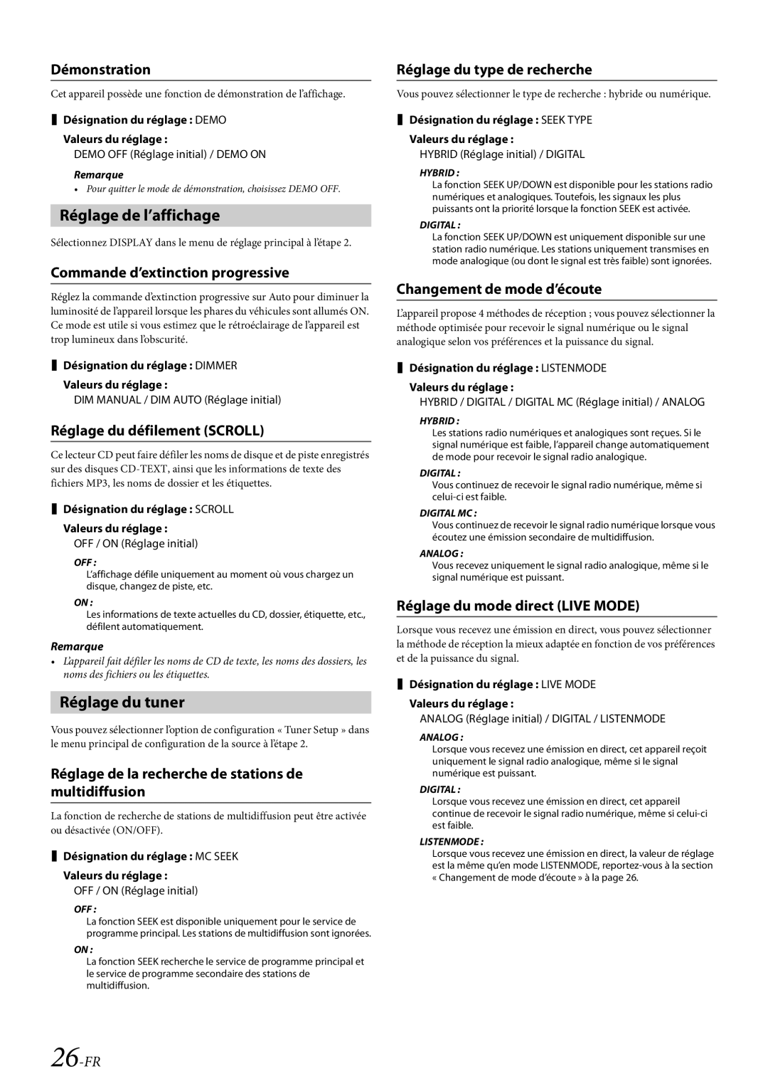 Alpine CDE-HD138BT/CDE-HD137BT owner manual Réglage de l’affichage, Réglage du tuner 