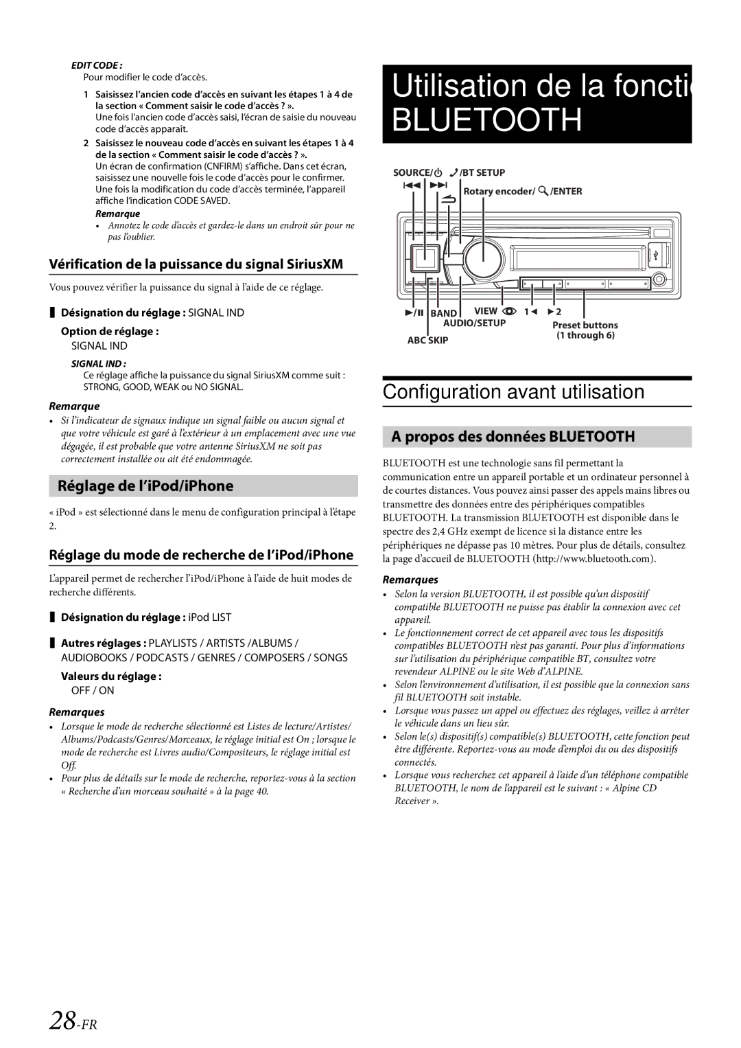 Alpine CDE-HD138BT/CDE-HD137BT Configuration avant utilisation, Réglage de l’iPod/iPhone, Propos des données Bluetooth 