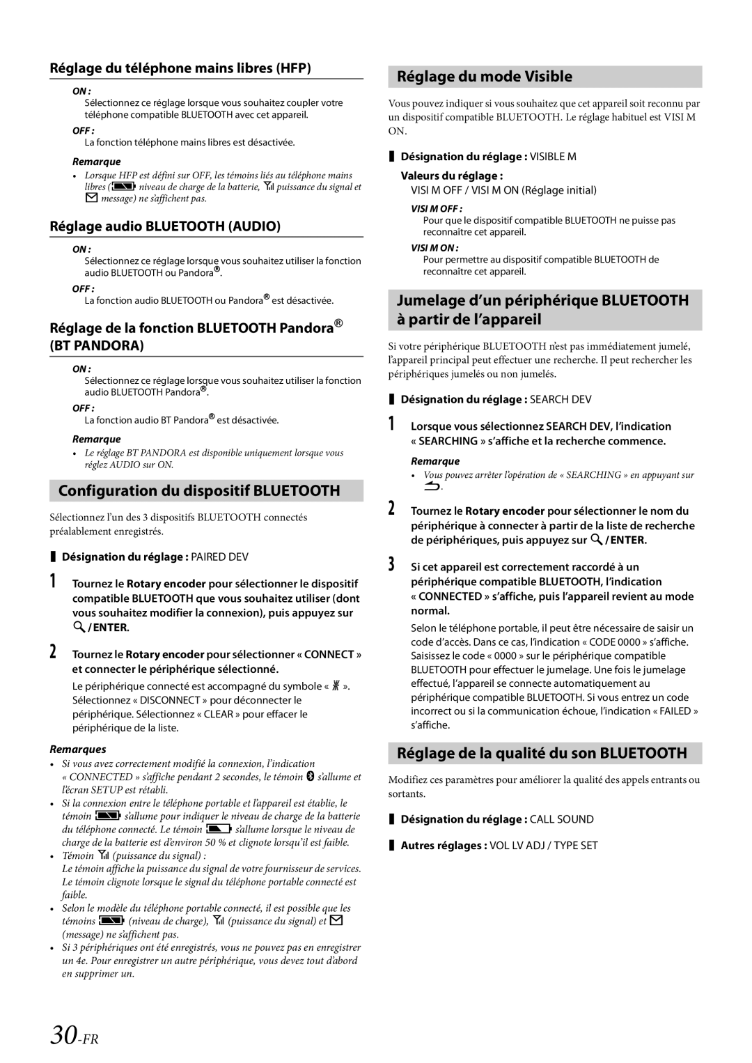 Alpine CDE-HD138BT/CDE-HD137BT owner manual Configuration du dispositif Bluetooth, Réglage du mode Visible 