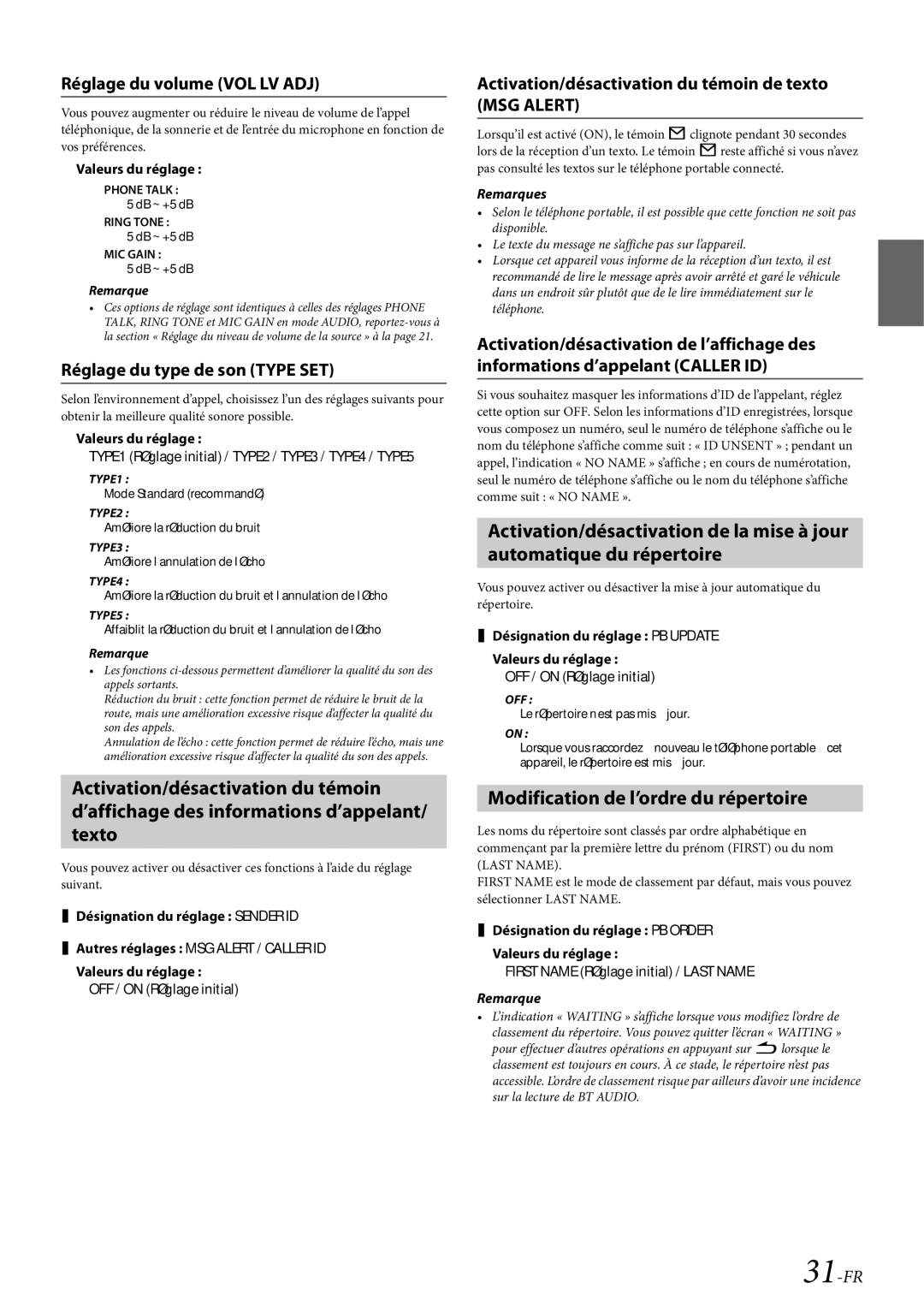 Alpine CDE-HD138BT/CDE-HD137BT owner manual Modification de l’ordre du répertoire, Réglage du volume VOL LV ADJ, 31-FR 