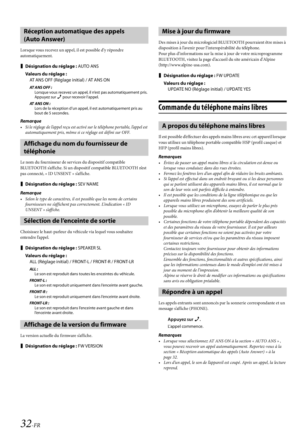 Alpine CDE-HD138BT/CDE-HD137BT Réception automatique des appels Auto Answer, Affichage du nom du fournisseur de téléphonie 