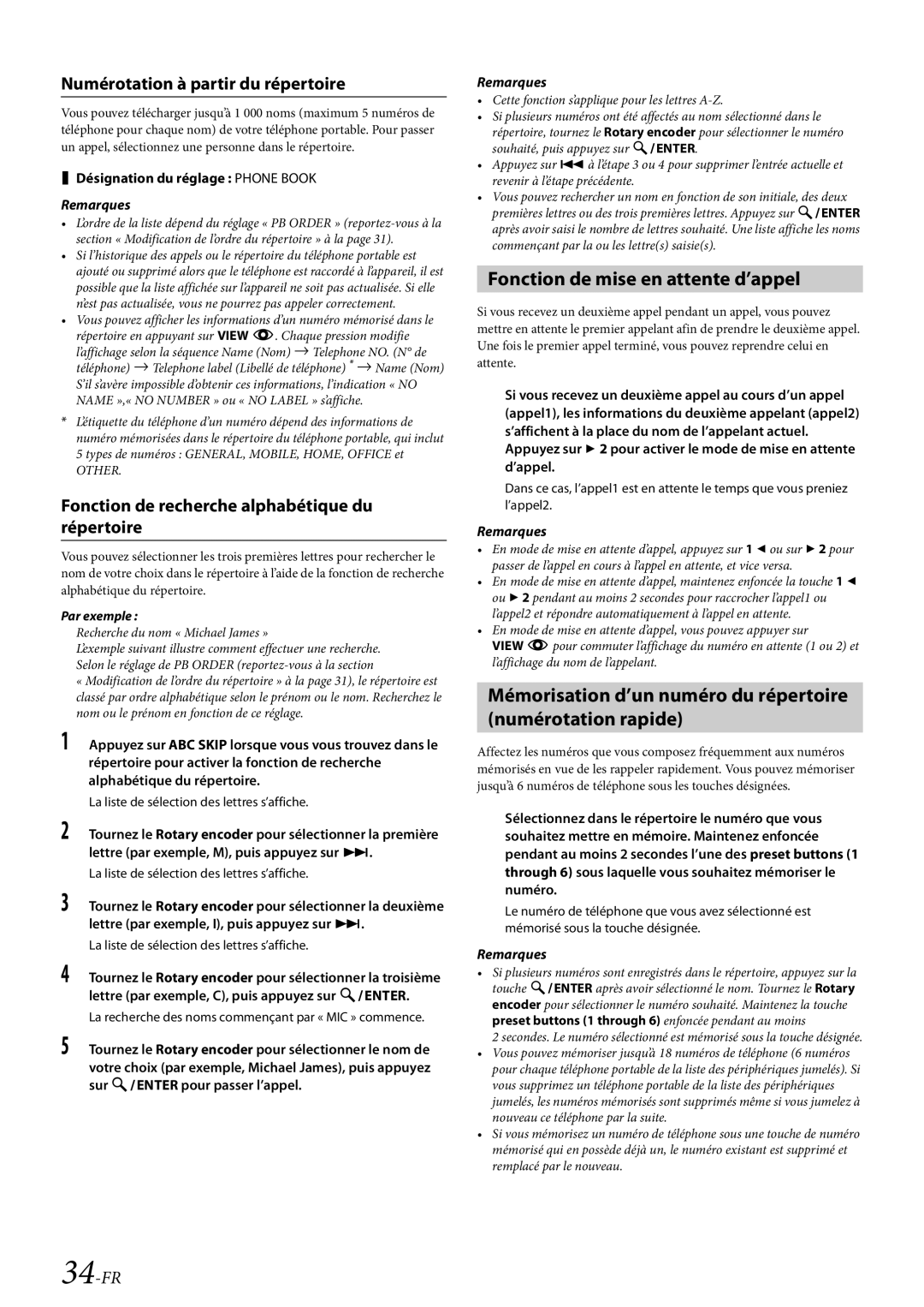 Alpine CDE-HD138BT/CDE-HD137BT owner manual Fonction de mise en attente d’appel, Numérotation à partir du répertoire, 34-FR 