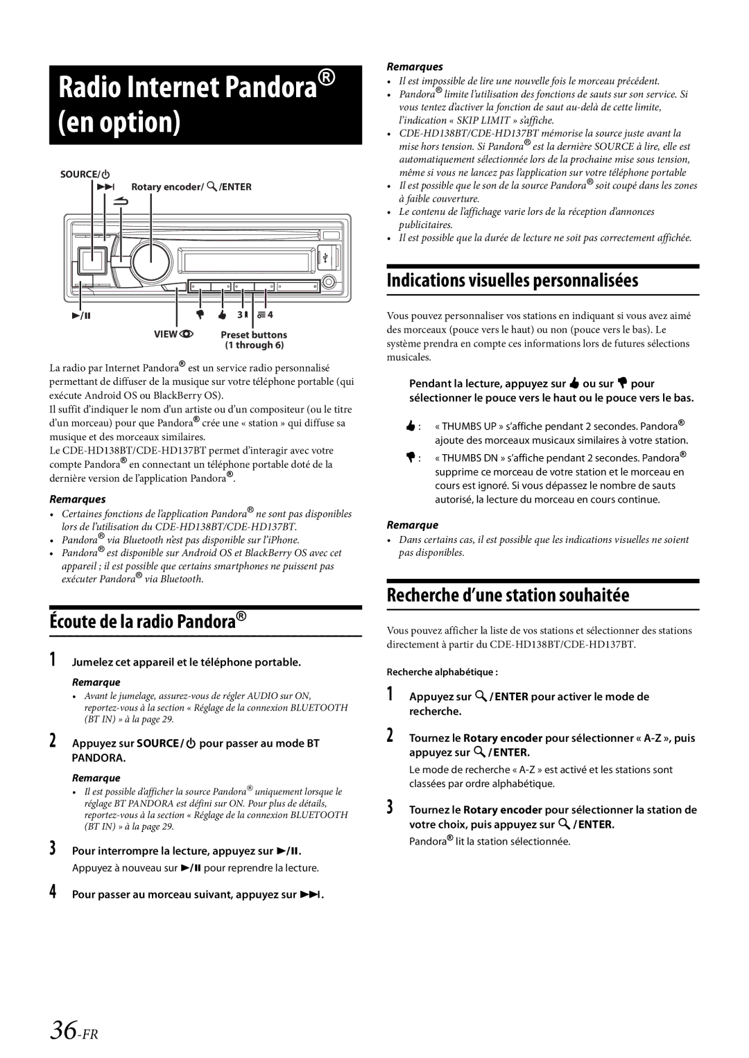 Alpine CDE-HD138BT/CDE-HD137BT owner manual Écoute de la radio Pandora, Recherche d’une station souhaitée, 36-FR 