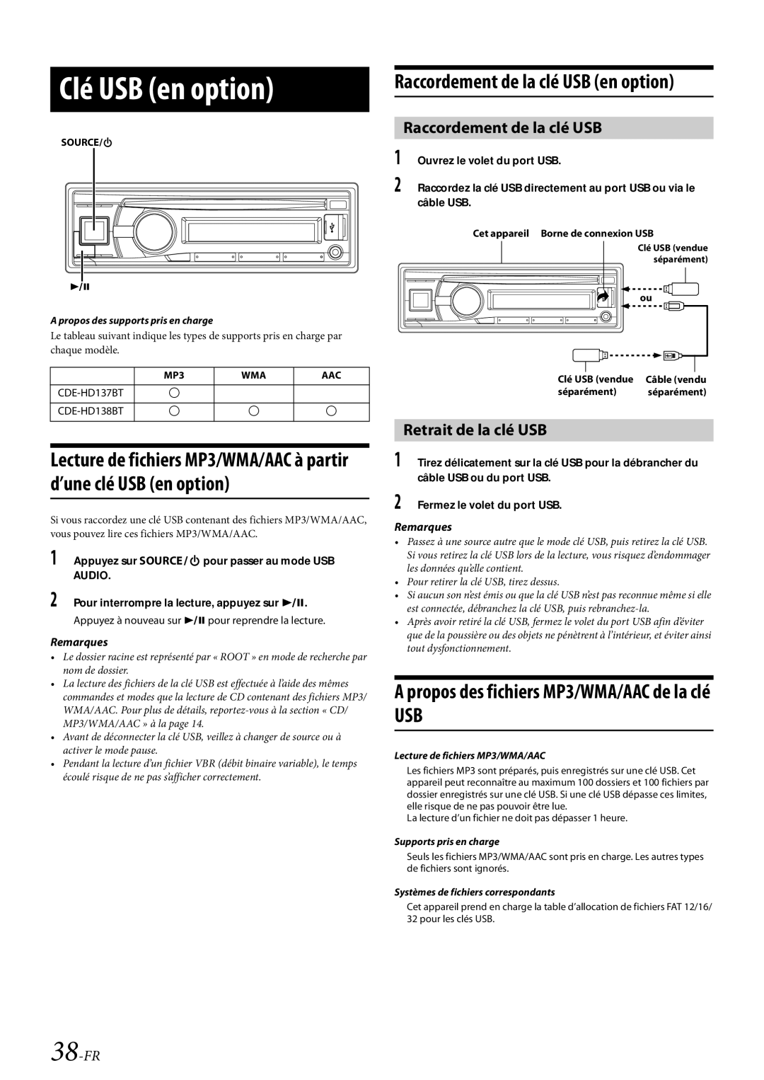 Alpine CDE-HD138BT/CDE-HD137BT Clé USB en option, Retrait de la clé USB, Propos des fichiers MP3/WMA/AAC de la clé, 38-FR 