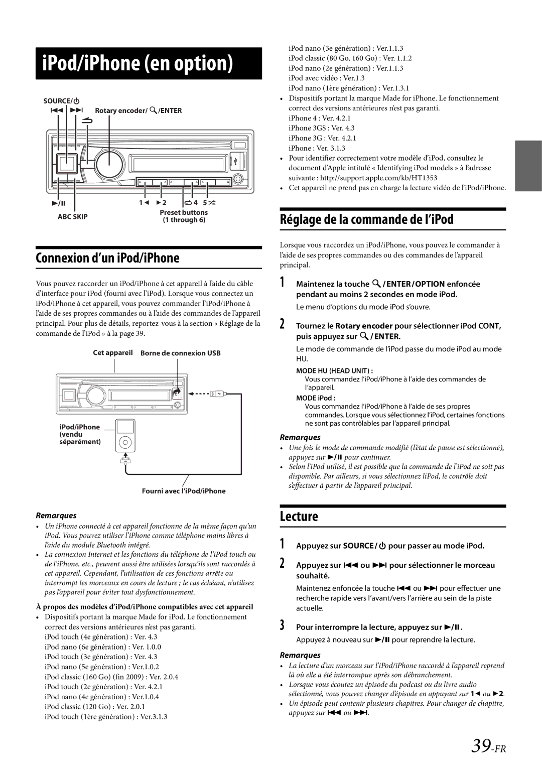 Alpine CDE-HD138BT/CDE-HD137BT owner manual Connexion d’un iPod/iPhone, Réglage de la commande de l’iPod, 39-FR 