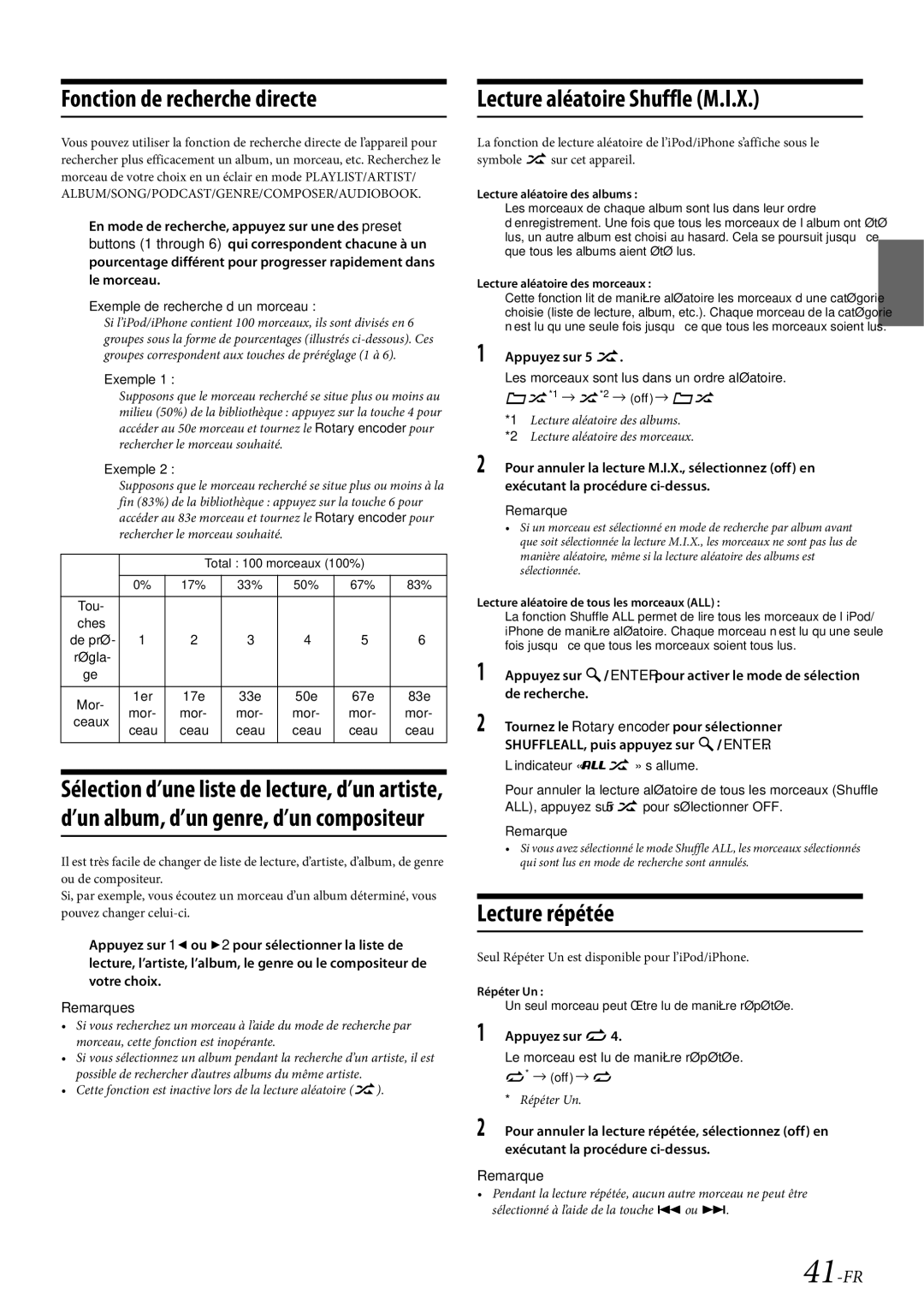 Alpine CDE-HD138BT/CDE-HD137BT Fonction de recherche directe, Lecture aléatoire Shuffle M.I.X, 41-FR, Appuyez sur 5 s 