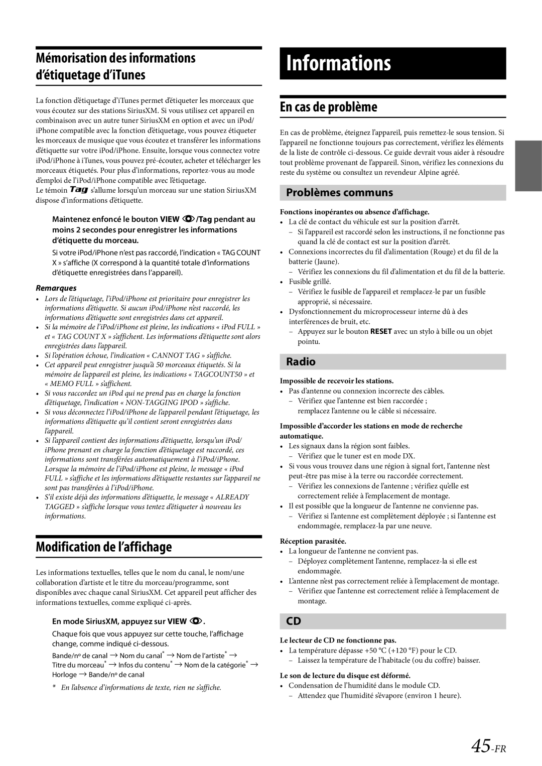 Alpine CDE-HD138BT/CDE-HD137BT owner manual Informations, En cas de problème, Problèmes communs, Radio 