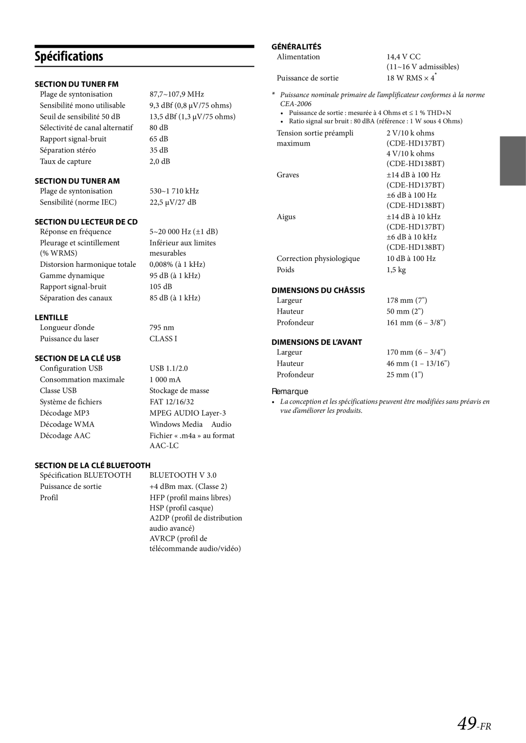 Alpine CDE-HD138BT/CDE-HD137BT owner manual Spécifications, 49-FR 