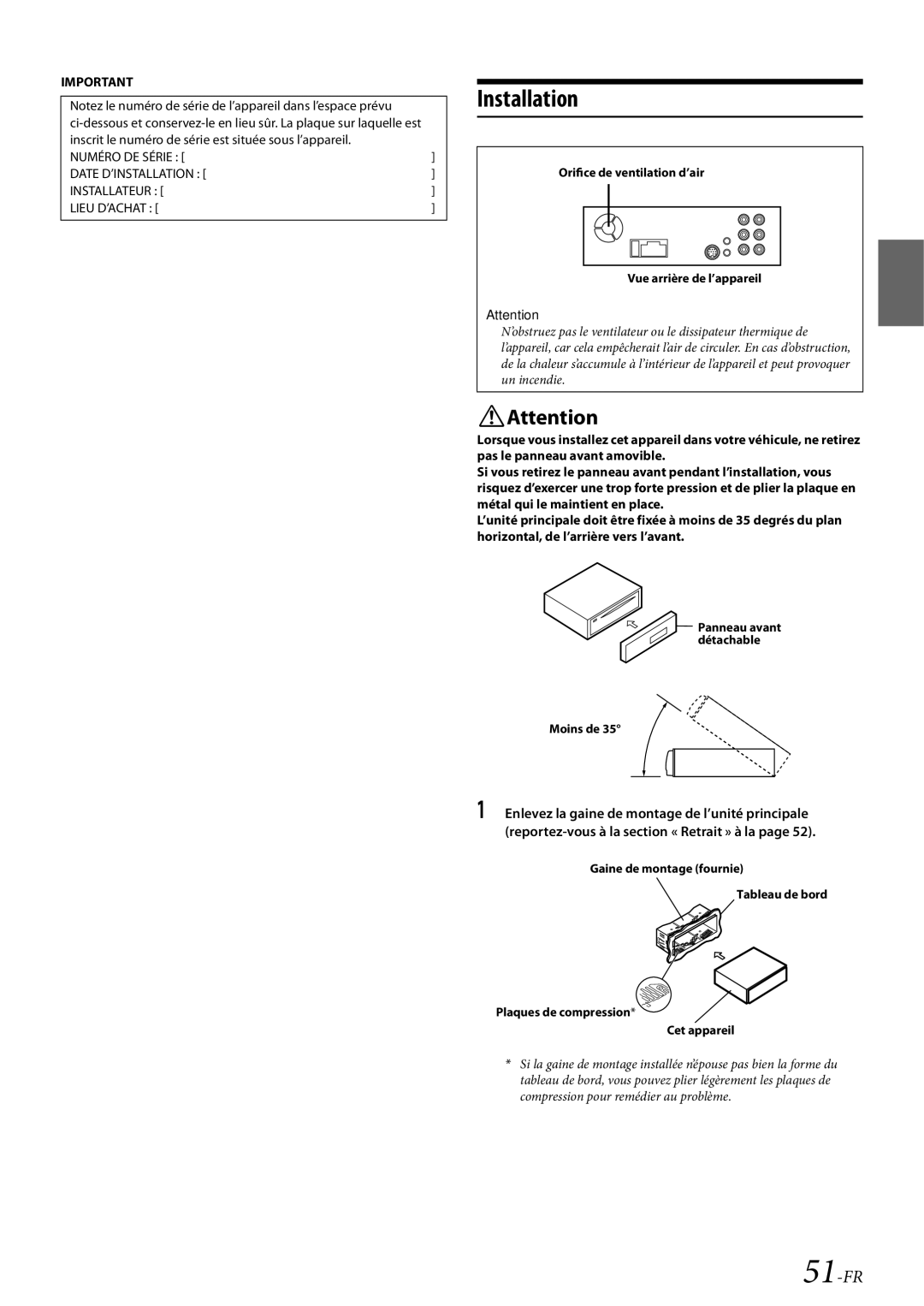 Alpine CDE-HD138BT/CDE-HD137BT owner manual Installation, 51-FR, Inscrit le numéro de série est située sous l’appareil 