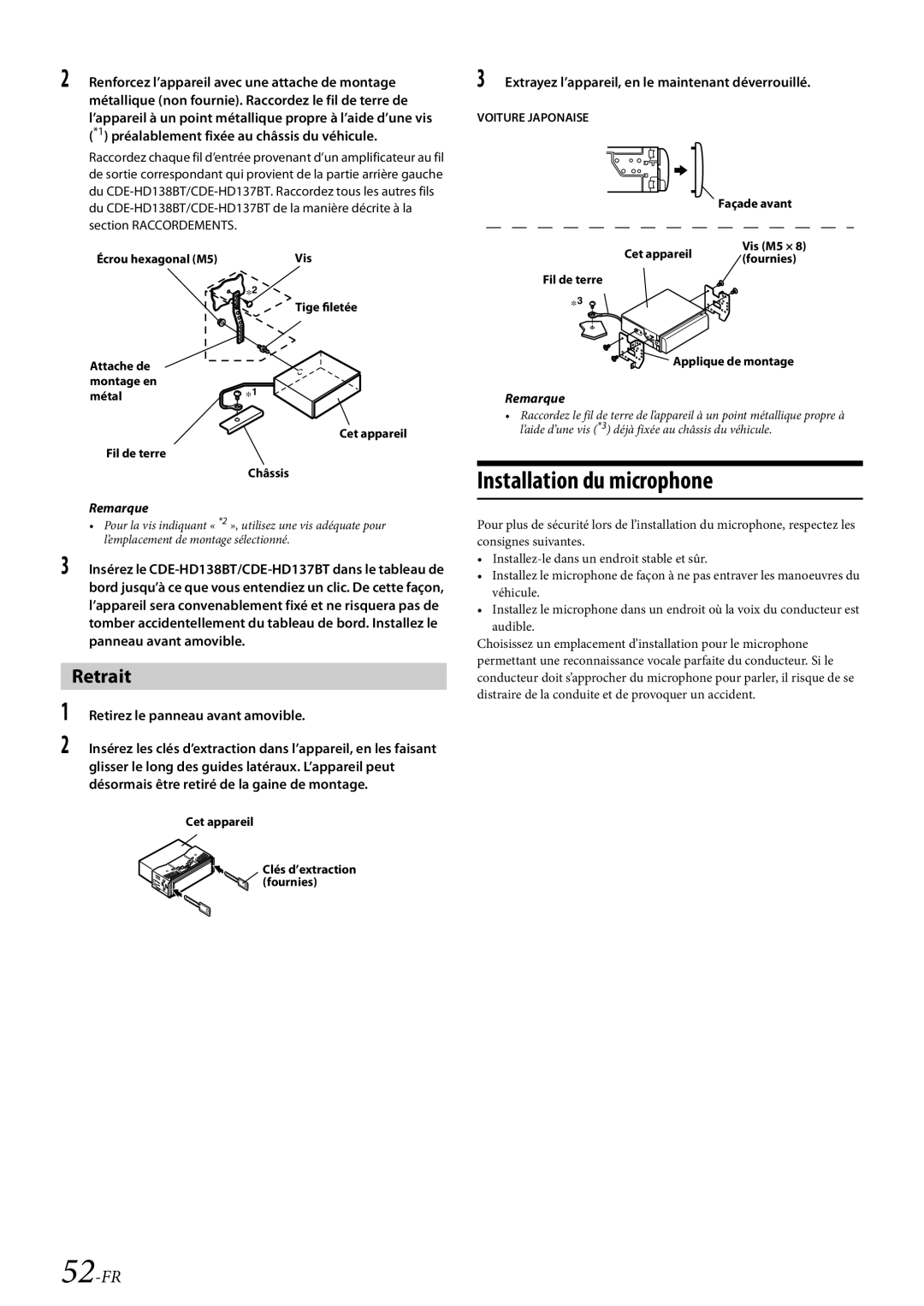 Alpine CDE-HD138BT/CDE-HD137BT Installation du microphone, 52-FR, Extrayez l’appareil, en le maintenant déverrouillé 