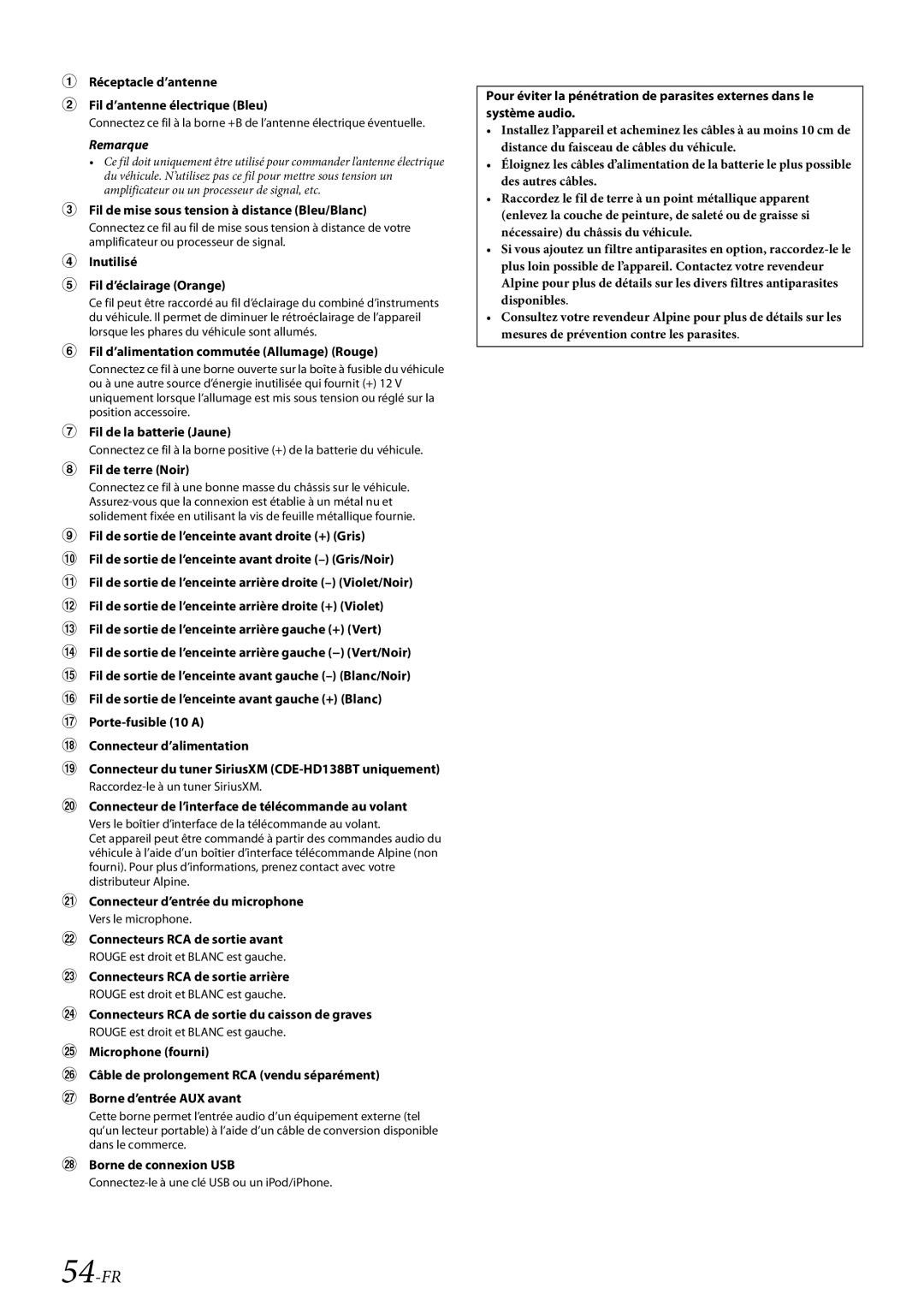 Alpine CDE-HD138BT/CDE-HD137BT owner manual 54-FR,  Fil de mise sous tension à distance Bleu/Blanc 