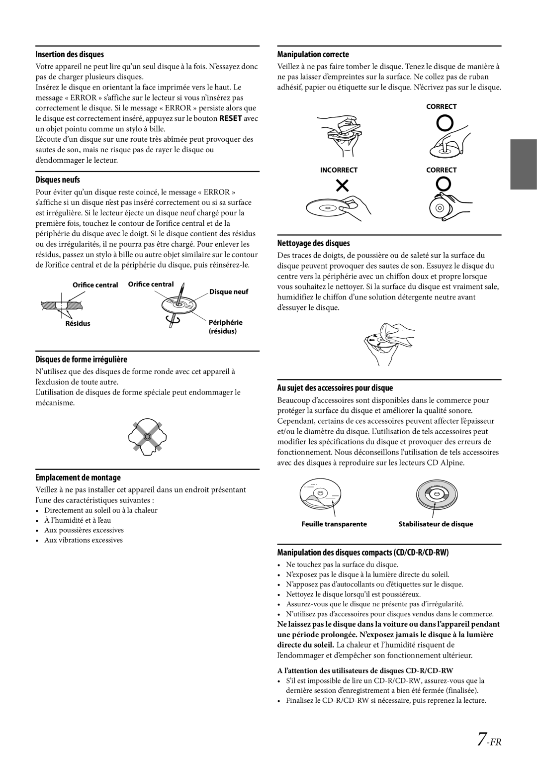 Alpine CDE-HD138BT/CDE-HD137BT owner manual Insertion des disques 