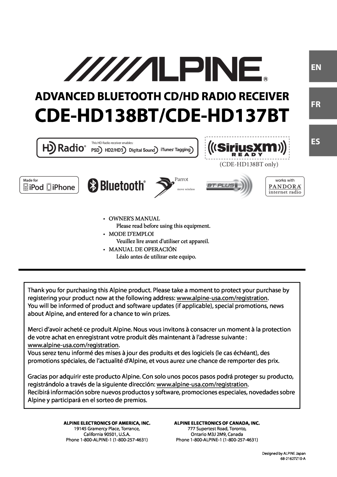 Alpine CDE-HD138BT/CDE-HD137BT owner manual Advanced Bluetooth Cd/Hd Radio Receiver, En Fr Es 
