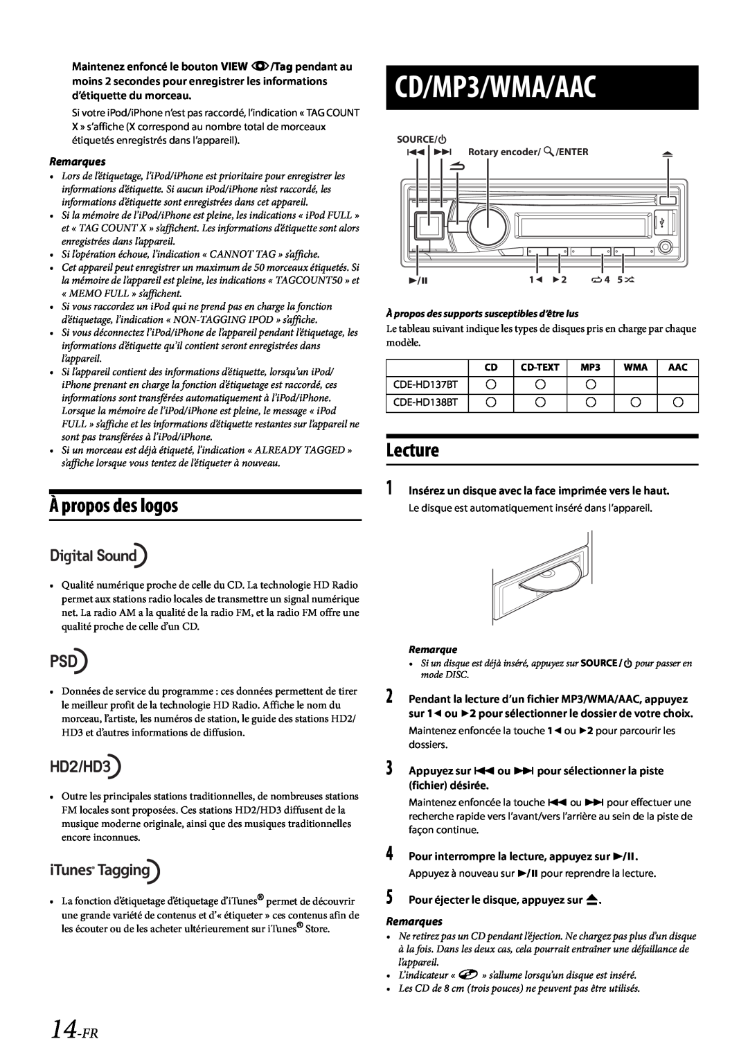 Alpine CDE-HD138BT/CDE-HD137BT owner manual CD/MP3/WMA/AAC, À propos des logos, Lecture, 14-FR, Remarques 