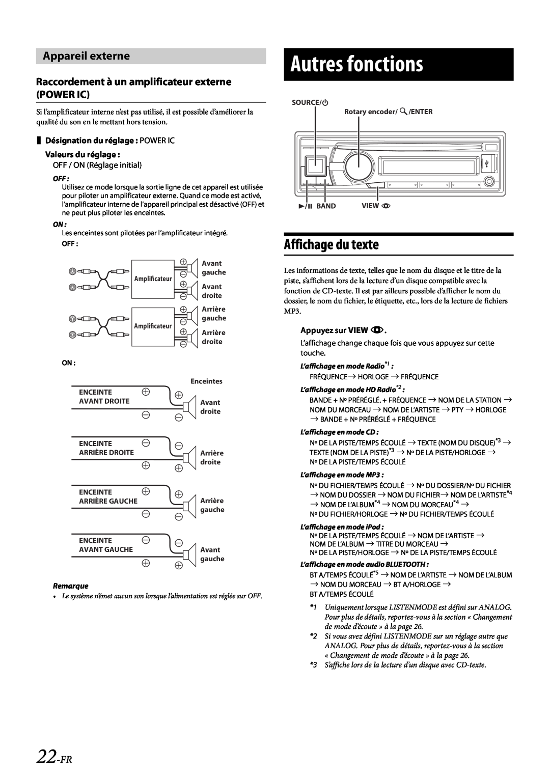 Alpine CDE-HD138BT/CDE-HD137BT owner manual Autres fonctions, Affichage du texte, Appareil externe, 22-FR, Remarque 