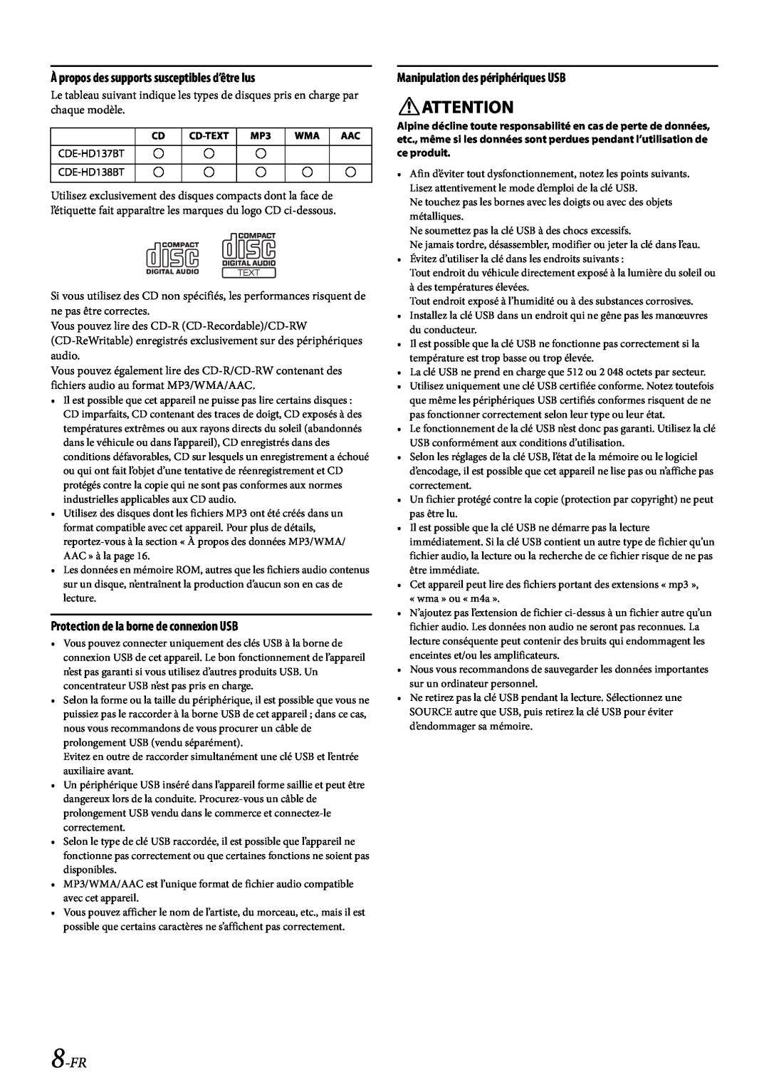 Alpine CDE-HD138BT/CDE-HD137BT owner manual Attention, 8-FR 