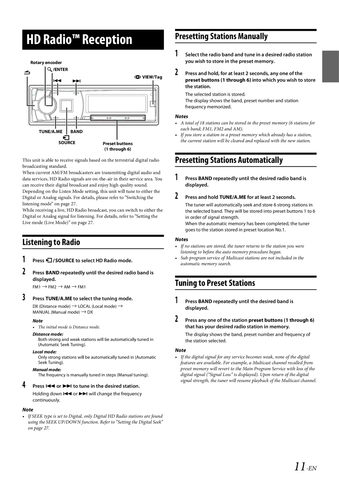 Alpine CDE-HD149BT owner manual Listening to Radio, Presetting Stations Manually, Presetting Stations Automatically, 11-EN 