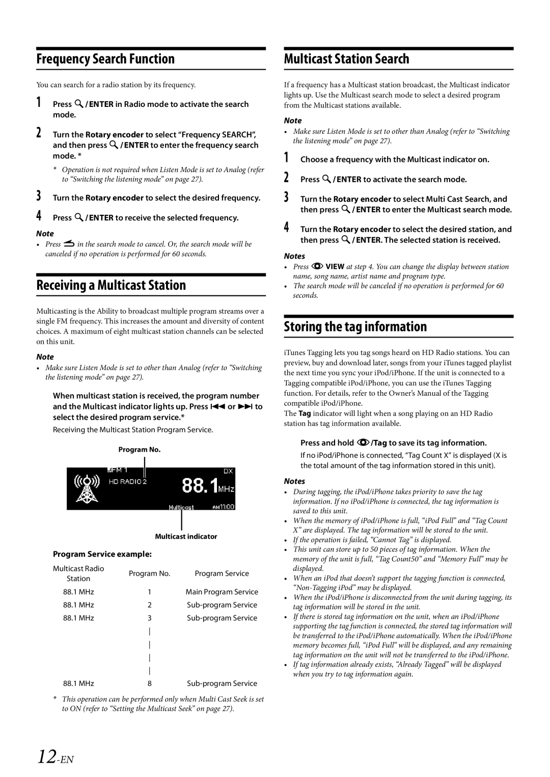 Alpine CDE-HD149BT owner manual Frequency Search Function, Receiving a Multicast Station, Multicast Station Search, 12-EN 