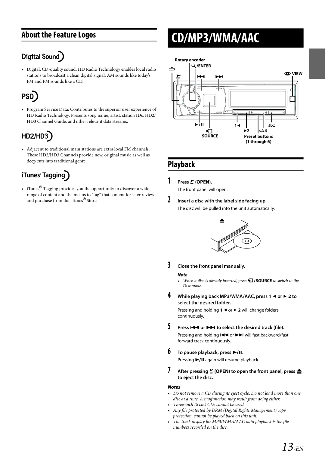 Alpine CDE-HD149BT owner manual About the Feature Logos, Playback, 13-EN, Press yOPEN, Close the front panel manually. Note 