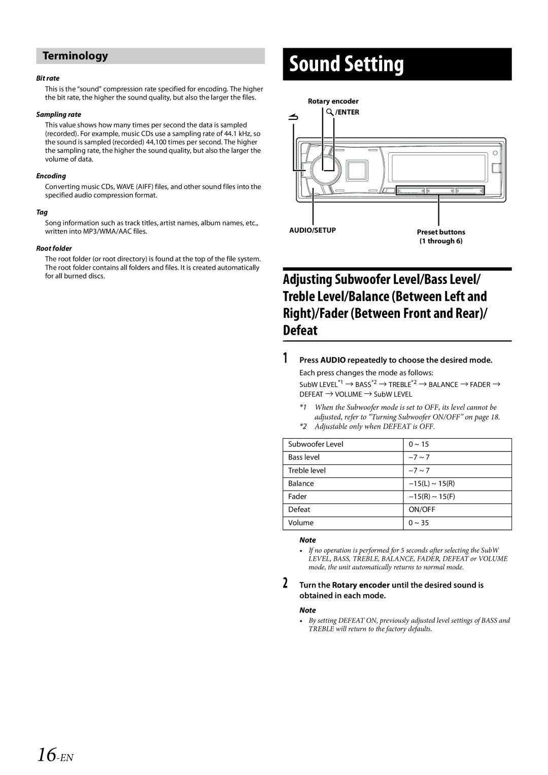 Alpine CDE-HD149BT owner manual Defeat, Terminology, 16-EN, Volume 