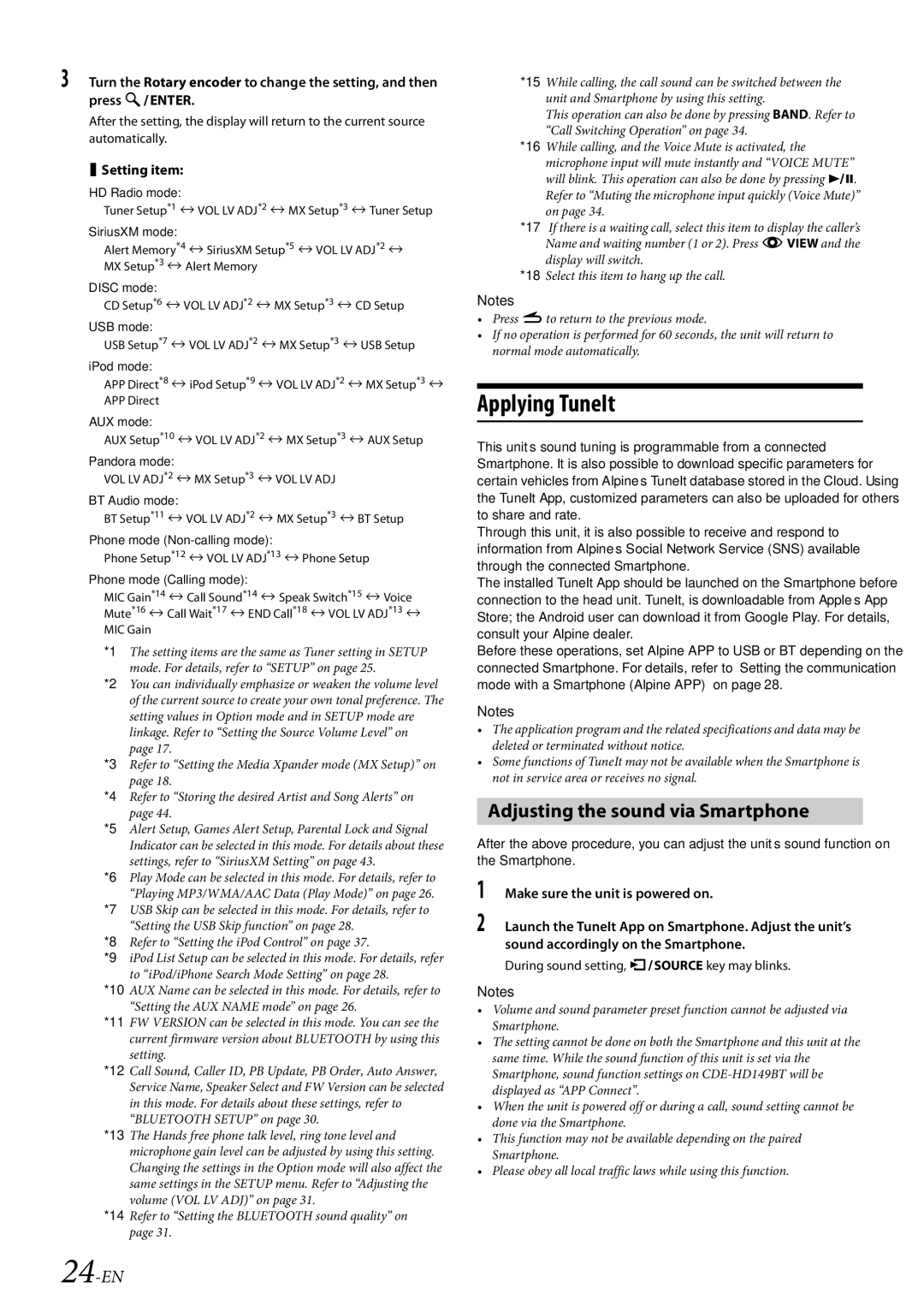 Alpine CDE-HD149BT owner manual Applying TuneIt, Adjusting the sound via Smartphone, 24-EN,  Setting item 